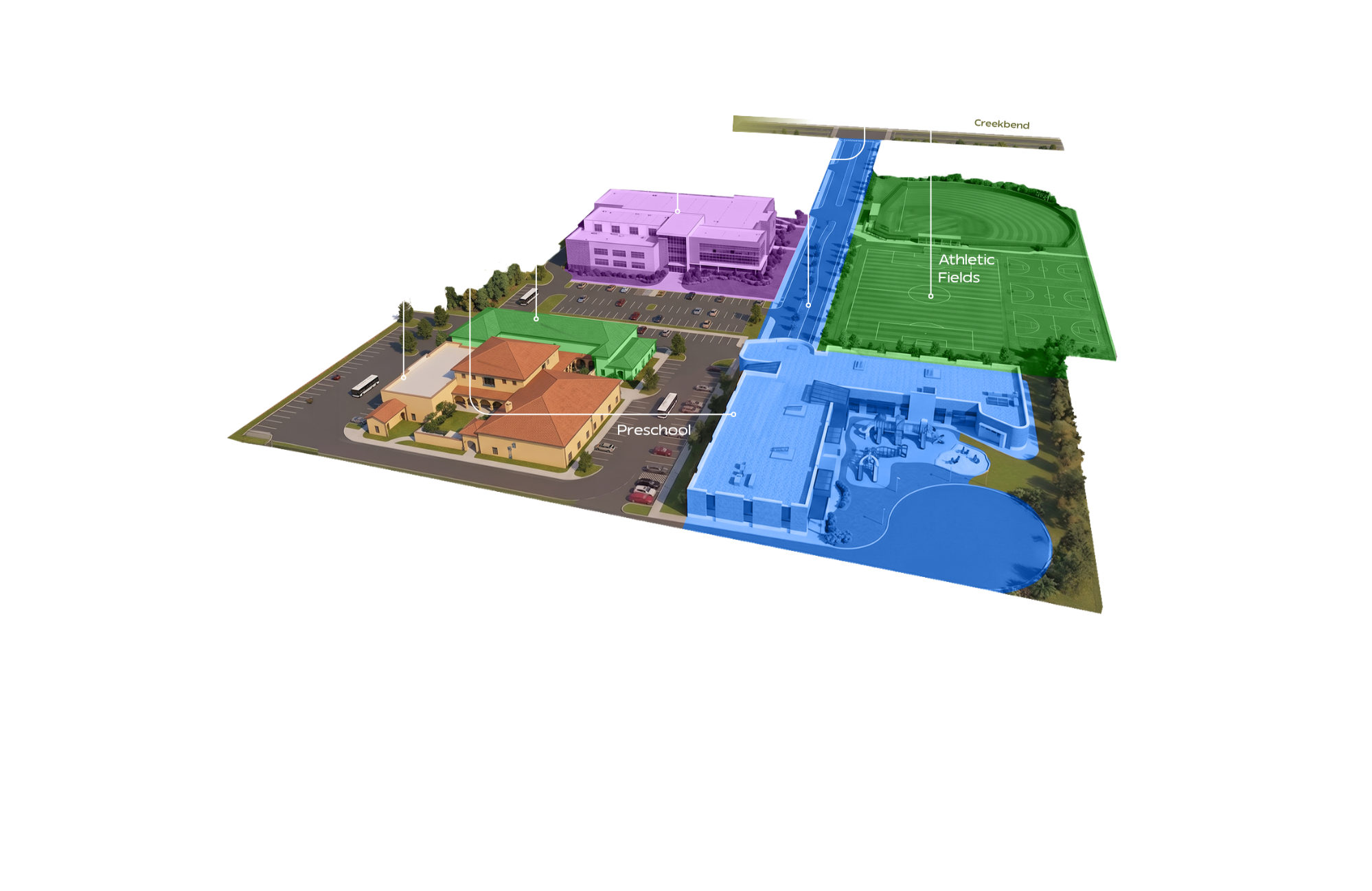 A 3D color-coded site plan showing a school campus with preschool, main building, athletic fields, and a parking lot.