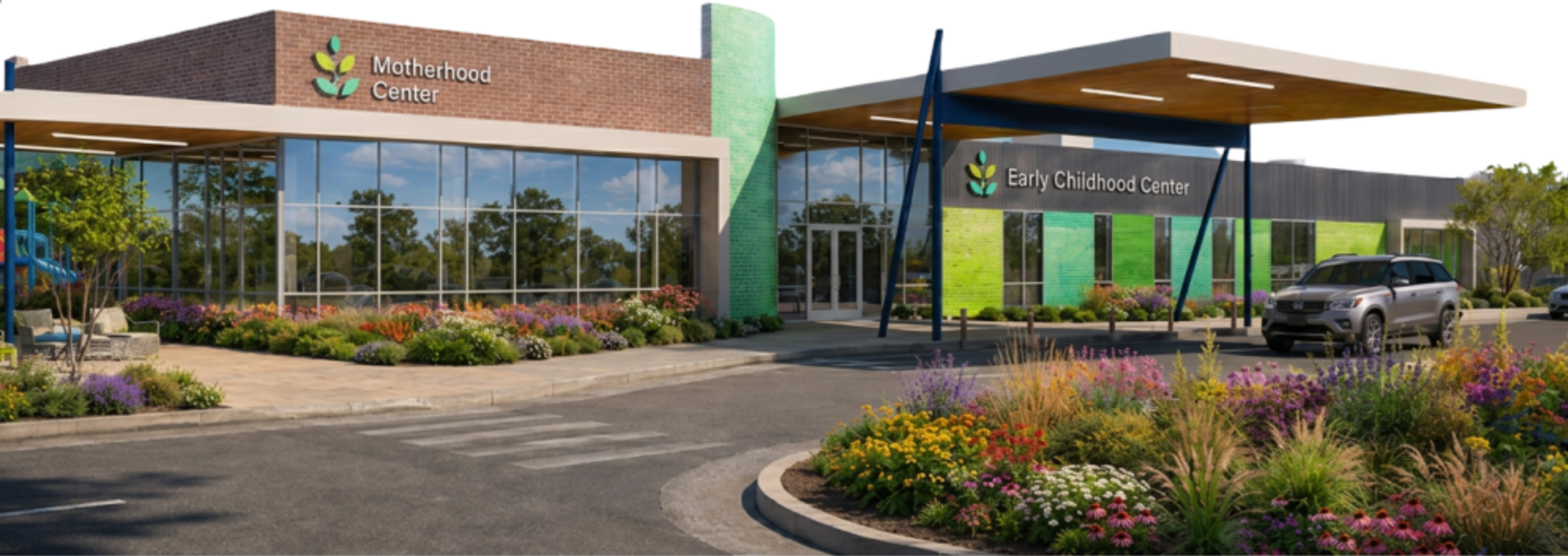 Exterior of a building with signs for 'Motherhood Center' and 'Early Childhood Center,' surrounded by landscaped gardens and parked cars.