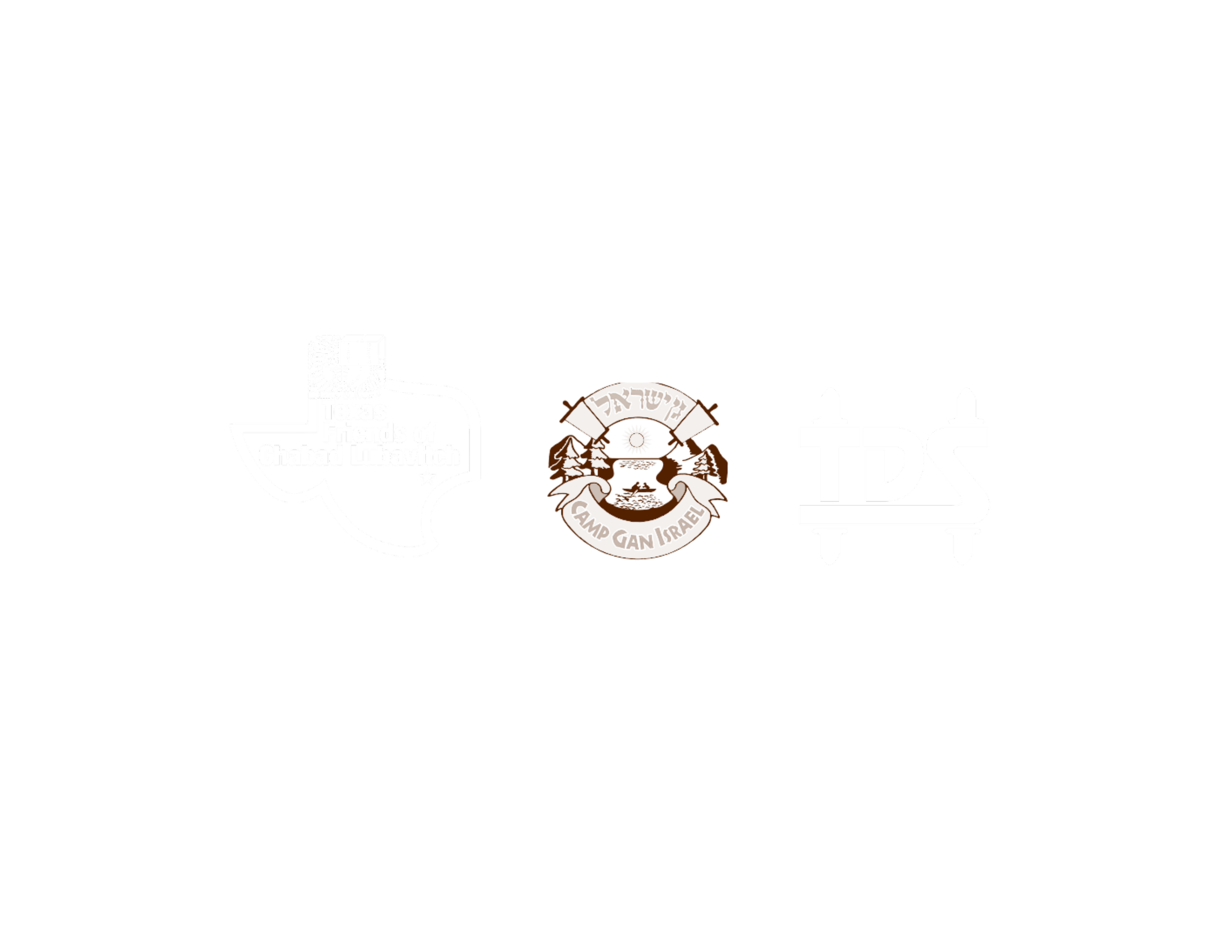 Logos of the Texas Friends of Chabad Lubavitch, Camp Gan Israel, and TDS on a black background.