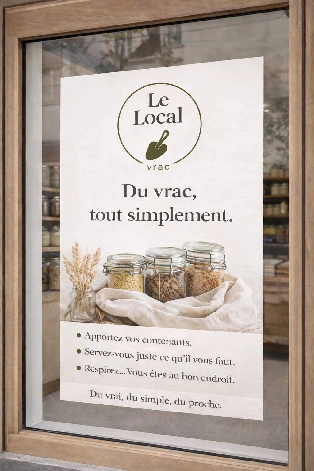 Affiche annonçant un service de vrac avec un logo de main faisant un signe de paix. Texte en français: "Le Local vrac. Du vrac, tout simplement. Apportez vos contenants. Servez-vous juste ce qu'il vous faut. Respirez... Vous êtes au bon endroit. Du vrai, du simple, du proche." Image de bocaux en verre contenant des produits en vrac, posés sur une table avec une toile en dessous, décorée avec des épis de blé.