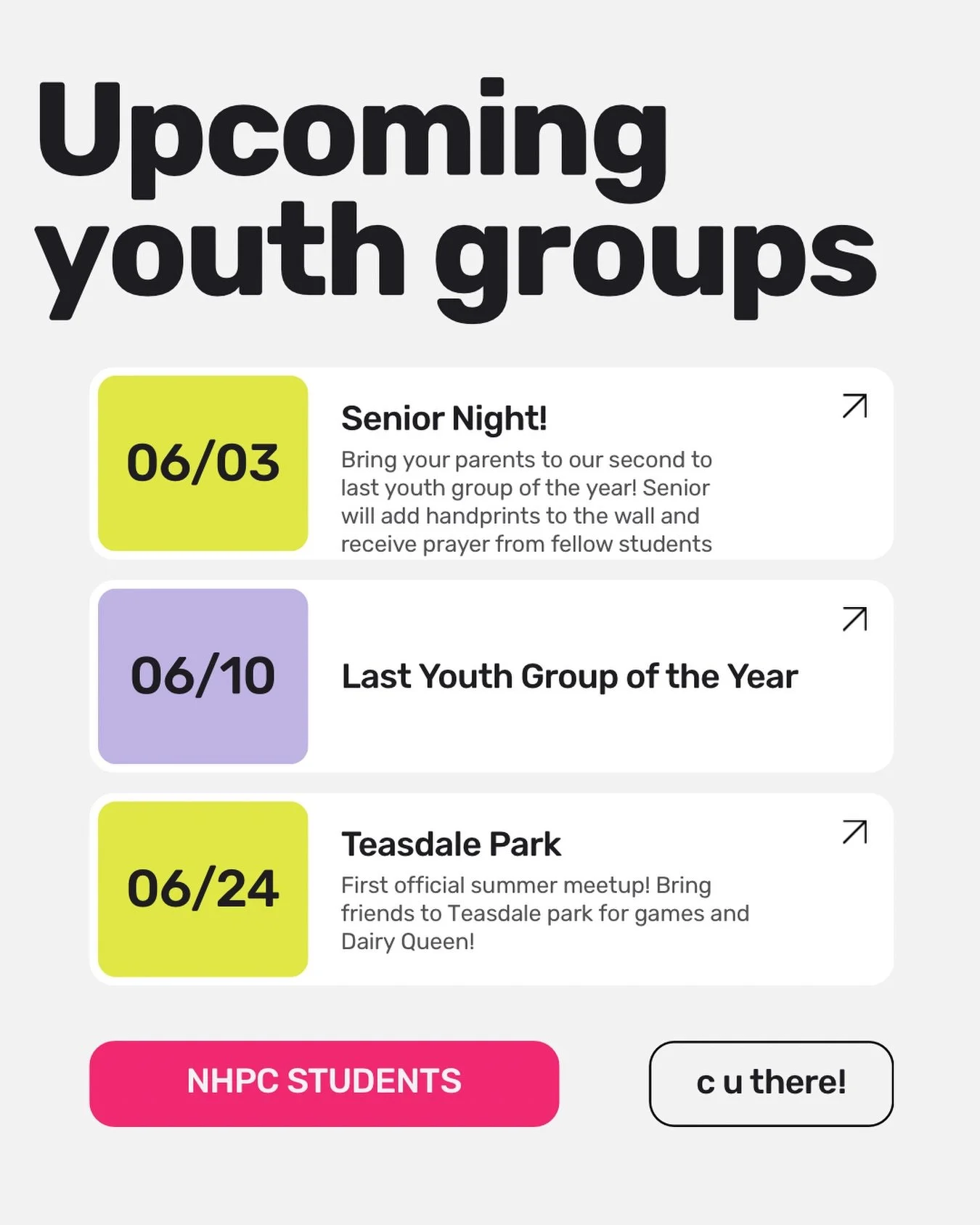 this months itinerary! see you tomorrow at 6:20! 
#nhpcstudents 
no youth group June 17th 🙏