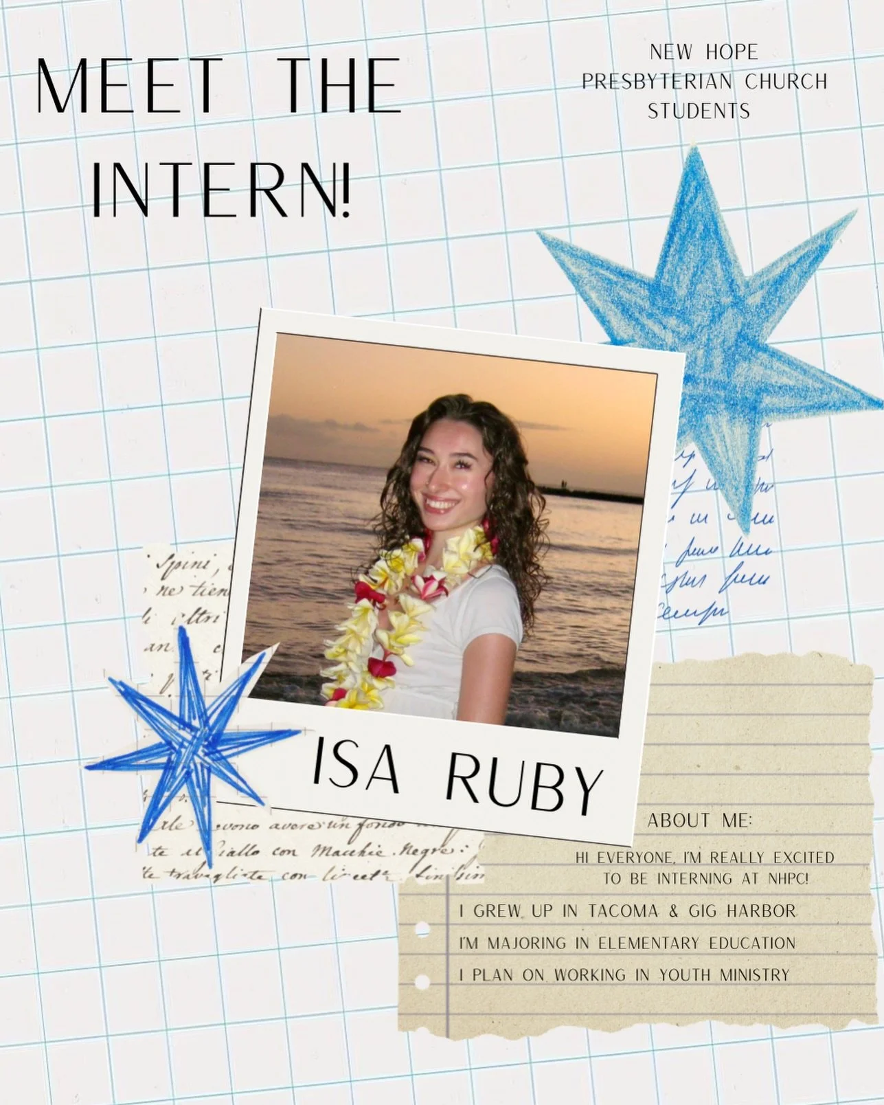 meet the new student ministry intern! Isa will be helping out with Wednesday night youth group, mission trips, and other youth activities. #nhpcstudents @isaa.ruby