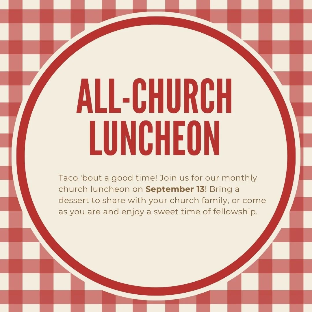 Flyer for an all-church luncheon with a red and white checkered background and central text in a cream circle, inviting members to join on September 13 with details about bringing dessert and fellowship.