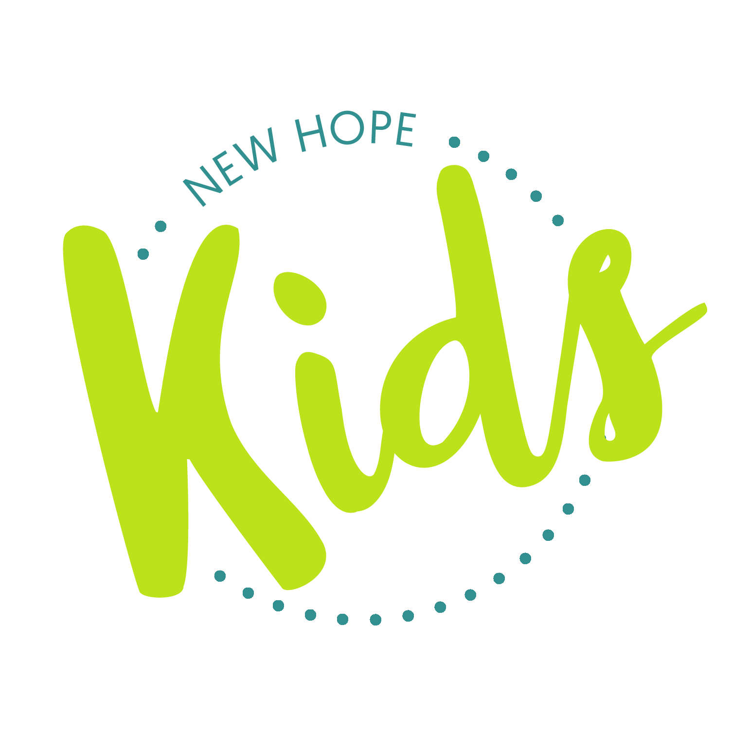 Stylized text saying 'New Hope Kids' with 'Kids' in large green cursive and 'New Hope' in smaller blue capital letters above, surrounded by a dotted circle.