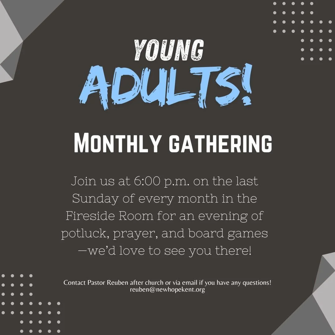Flyer for Young Adults Monthly Gathering, featuring event details in white and blue text on a dark background with geometric and dotted design elements in the corners.