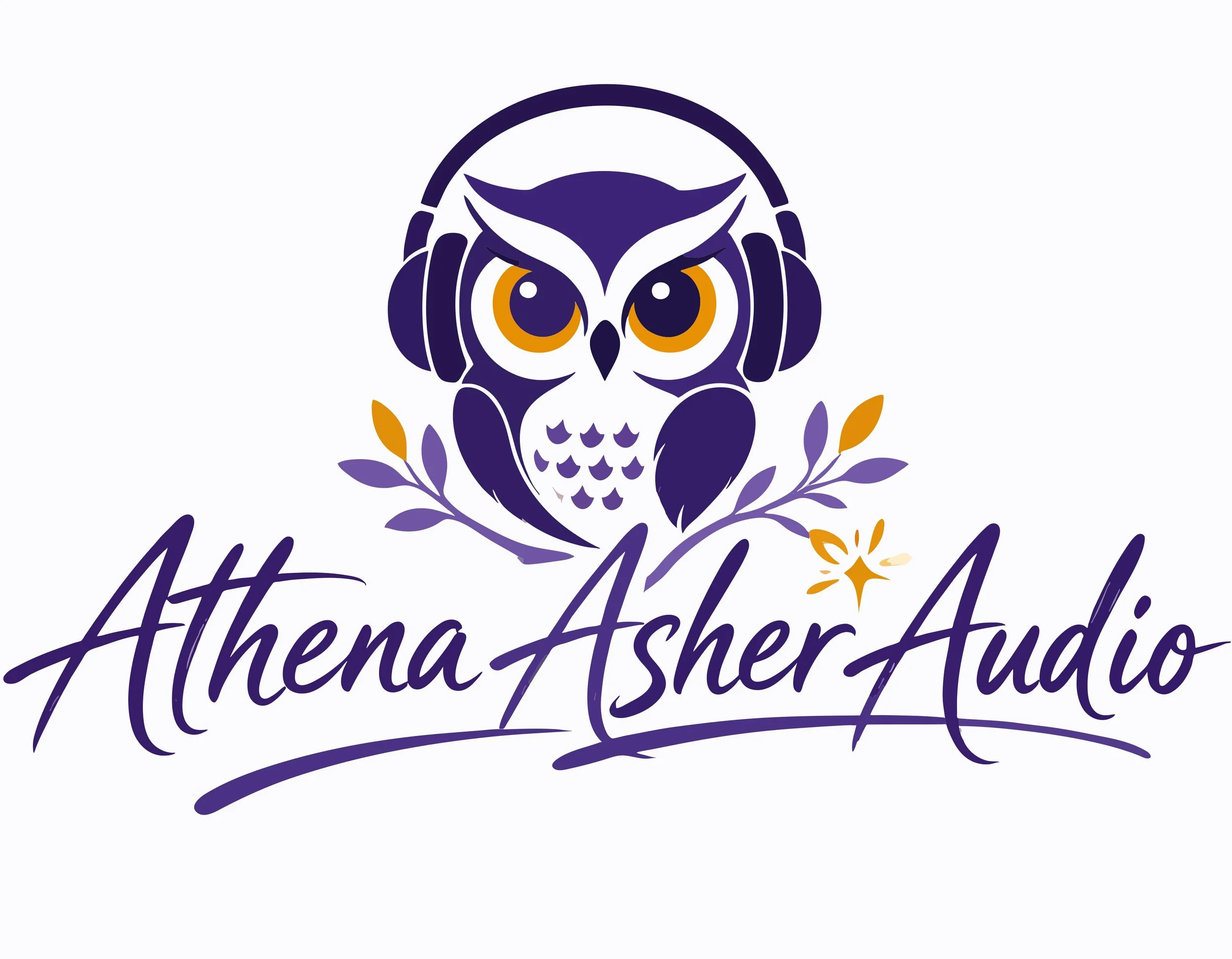 Stylized owl wearing headphones, surrounded by decorative leaves, with the text 'Althea Asher Audio' below.