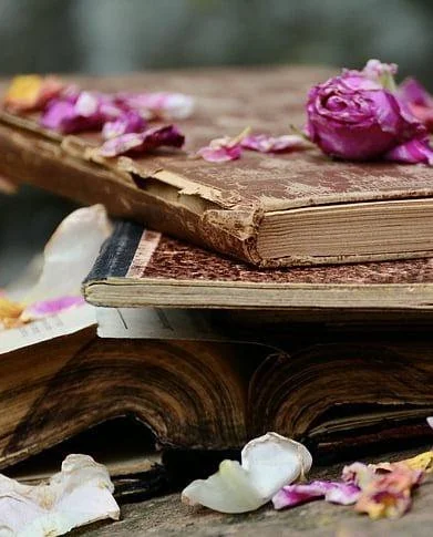 Stack of old books with pink and white flower petals and a rose on top, on a wooden surface.