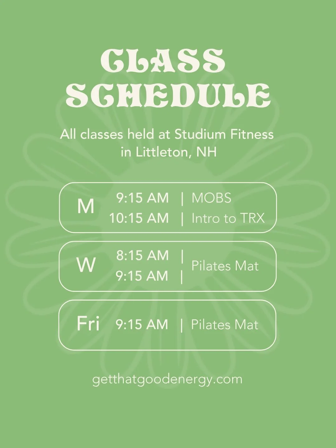 Current schedule! Classes with me, @missmegabug, at @thestudiumfitness in Littleton, NH.