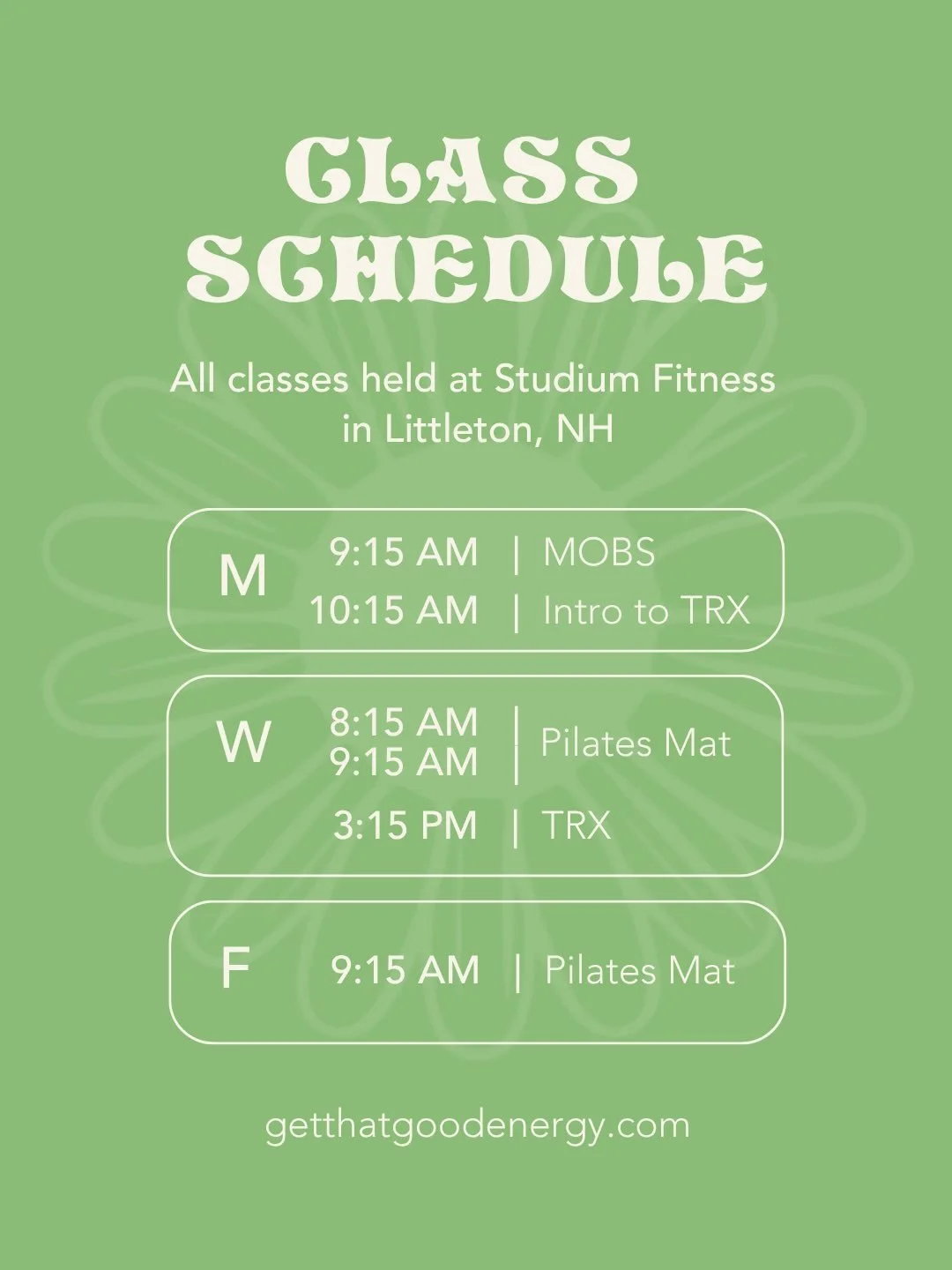 Current class schedule, featuring a new TRX Suspension Training class on Wednesdays at 3:15 PM!

Classes with me, @missmegabug, at @thestudiumfitness  in Littleton, NH. 

Book a class at https://www.studiumfitness.com/book

- CLASS DESCRIPTIONS -

PI
