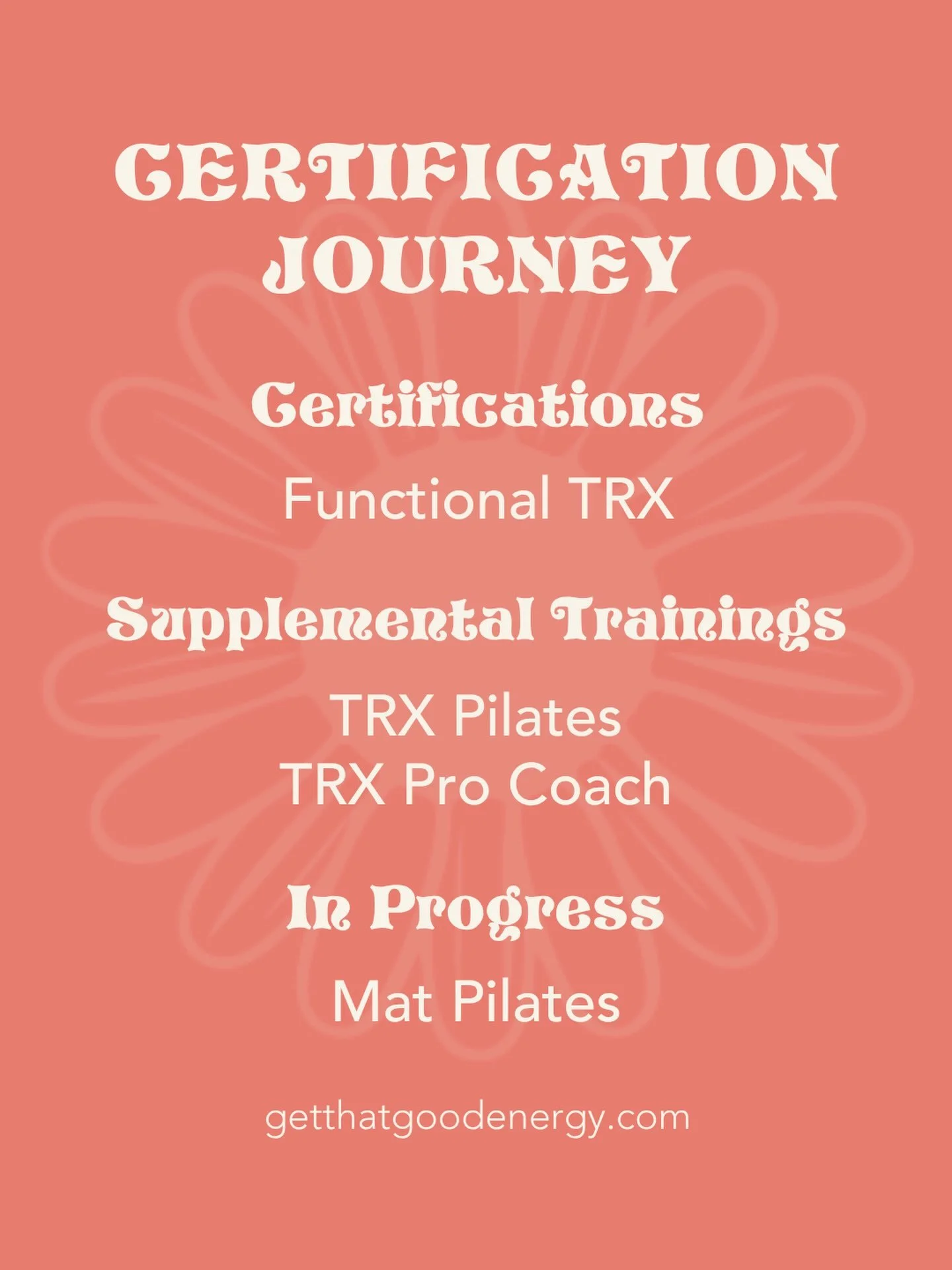 A little update on my certification journey!

I just finished my first weekend of Pilates Mat Teacher Training and will attend my second in January.

Until then, I&rsquo;m focusing on the required anatomy course and working on my supplemental teachin