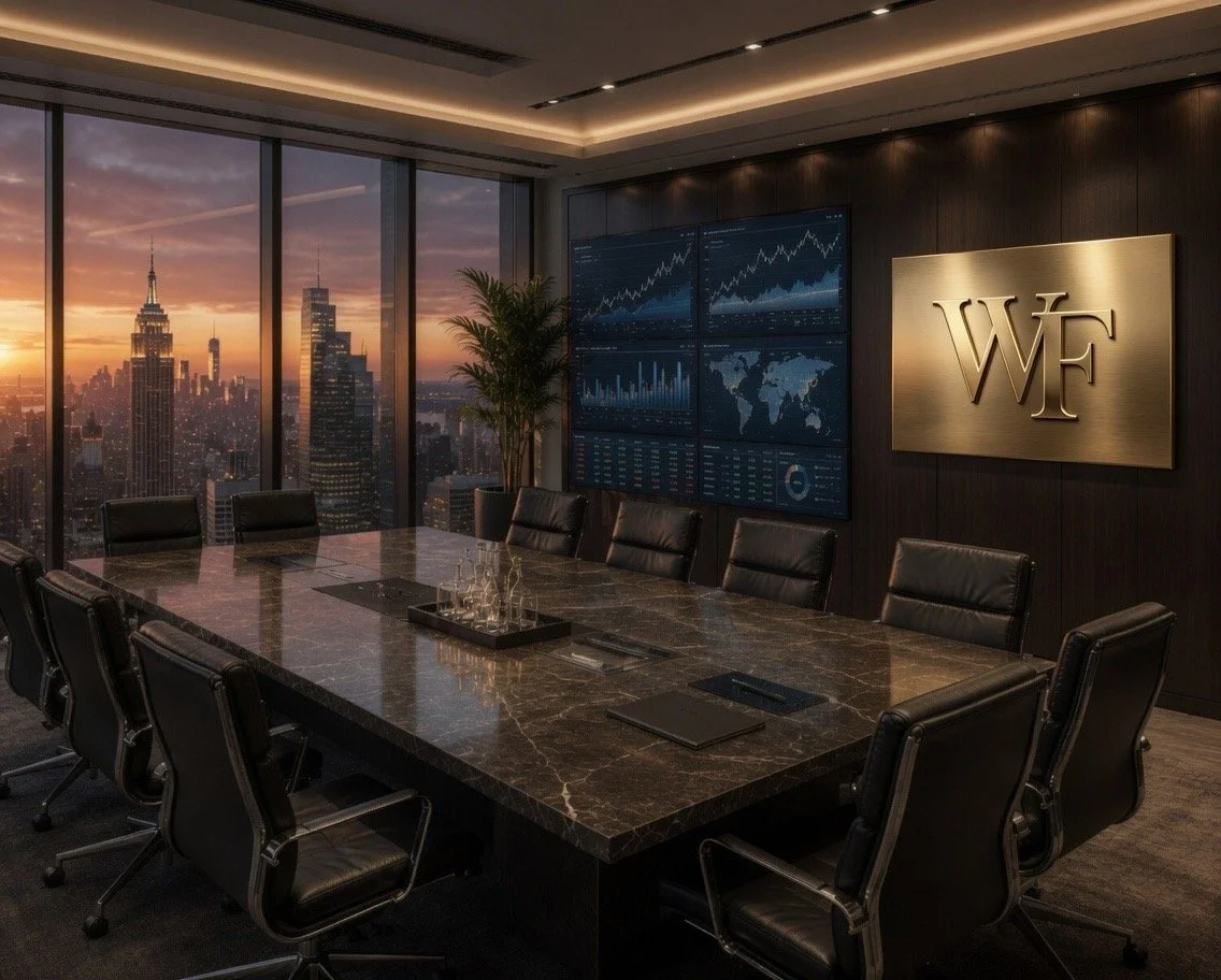 Modern conference room with a large marble table, black leather chairs, and floor-to-ceiling windows showing city skyline during sunset; wall with a television displaying stock data and a gold sign with the letters 'WF'.