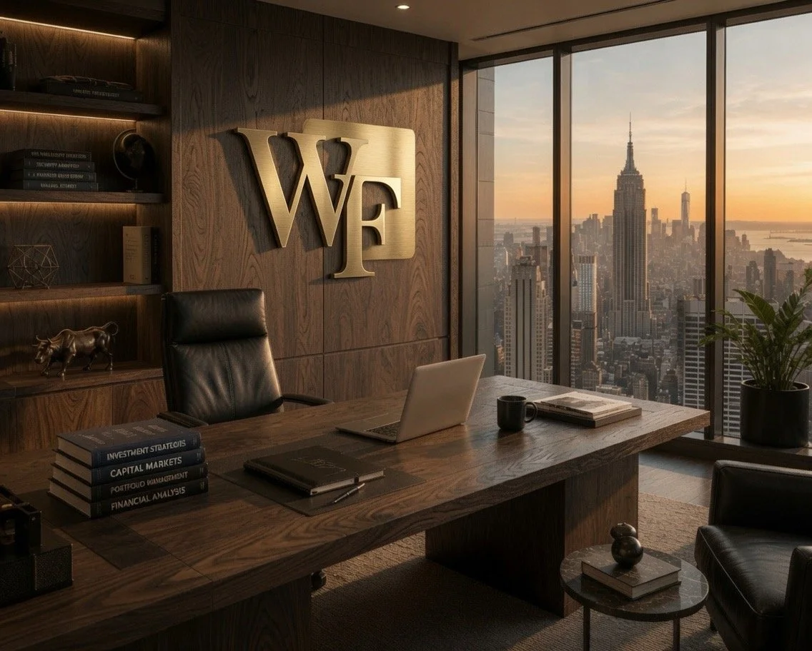 Modern office with wooden walls, a large desk, a black leather chair, a laptop, books, and a window showing a city skyline at sunset.