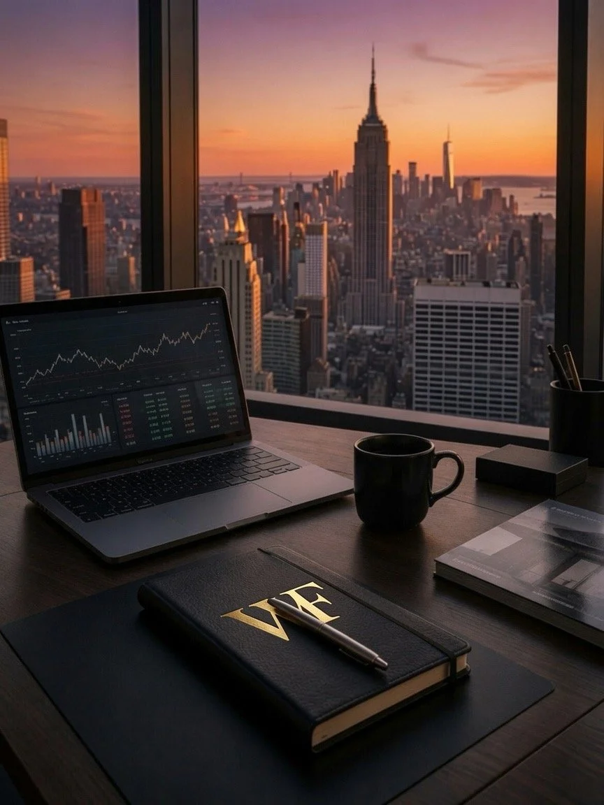 Office desk with an open laptop displaying financial data and a graph, a black coffee mug, a black notebook with gold lettering and a pen, a closed book or notebook, a pile of papers or a magazine, and a view of the New York City skyline at sunset through large windows.