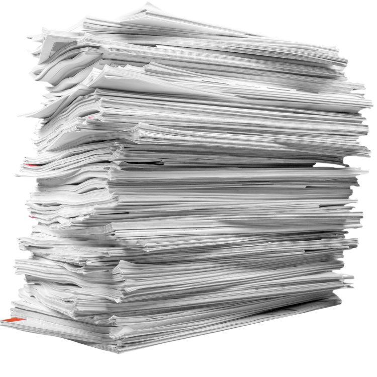 A tall stack of disorganized white papers and documents.