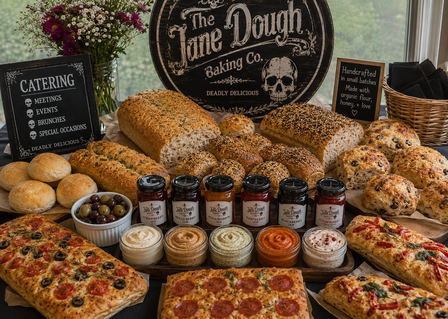 Display of freshly baked bread, pizza, and jam jars at a bakery or catering setup. Signage indicates the bakery is The Jane Dough Baking Co, with handcrafted baked goods.