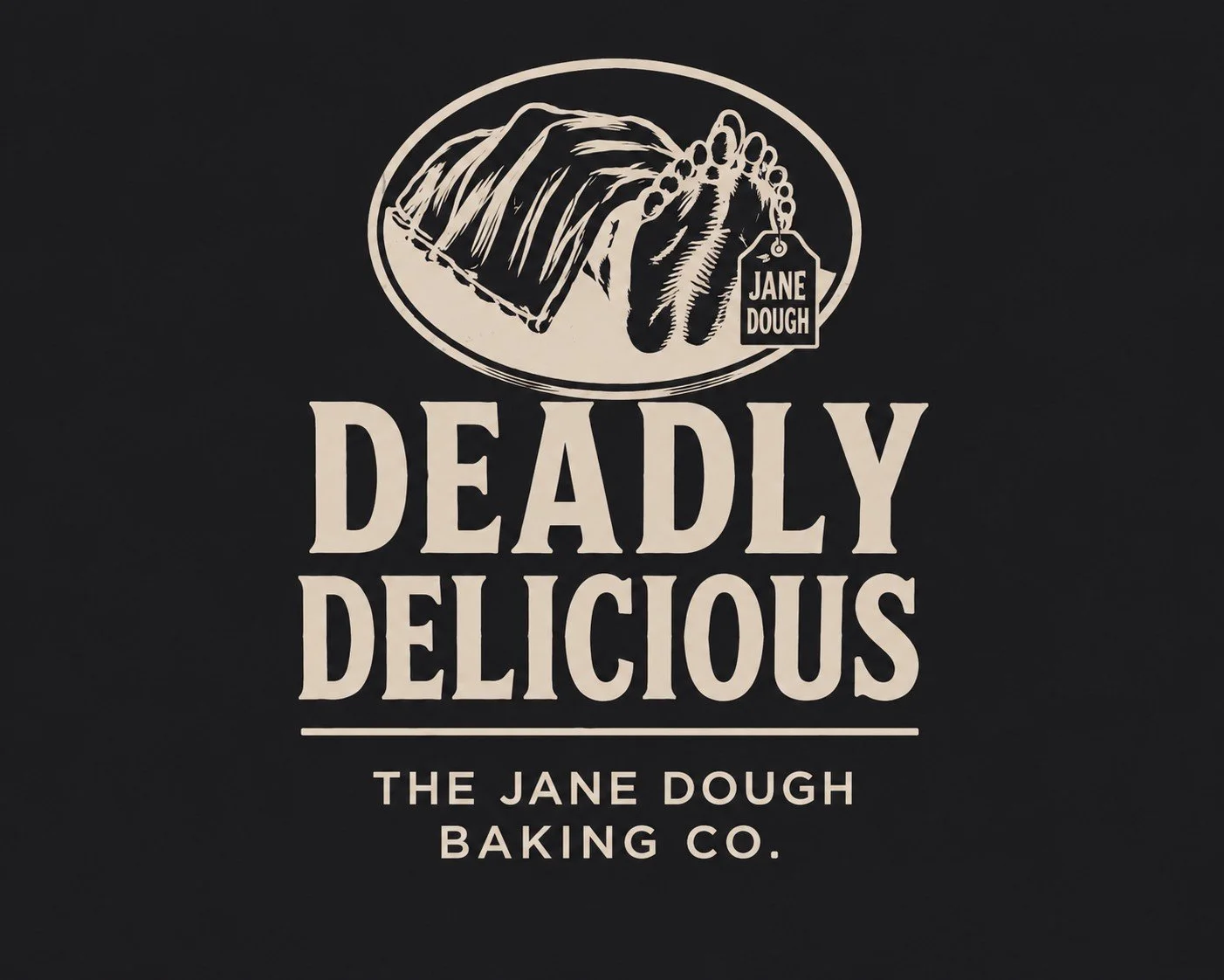 Logo for Jane Dough, a baking company, featuring a stylized wheat stalk and a tag labeled 'Jane Dough', with the text 'Deadly Delicious' and 'The Jane Dough Baking Co.'
