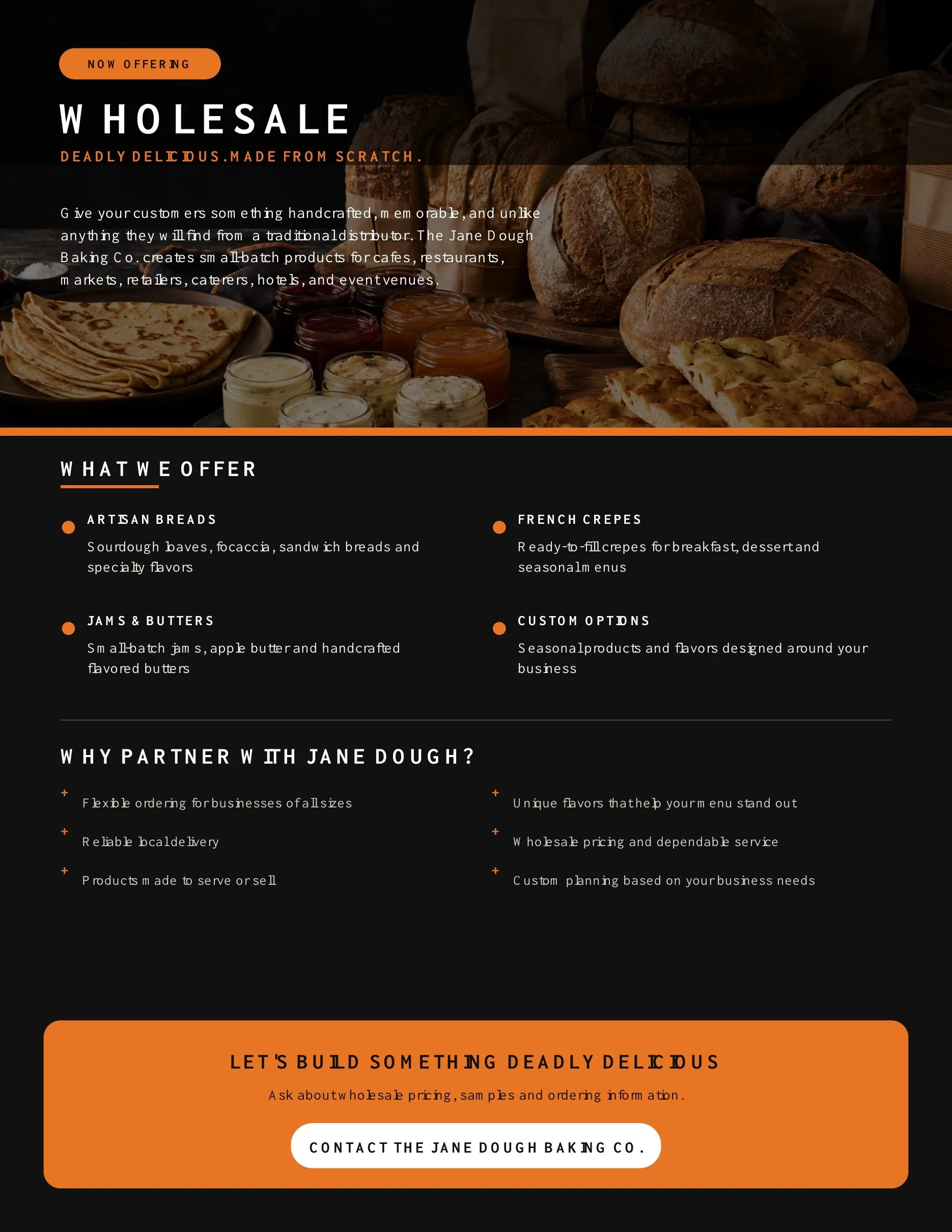A bakery advertisement with images of bread, jars of jam, and baked goods, promoting wholesale handmade bakery products from Jane Dough Baking Co., including artisan breads and French crepes, with sections about offerings, why partner with them, and contact information.