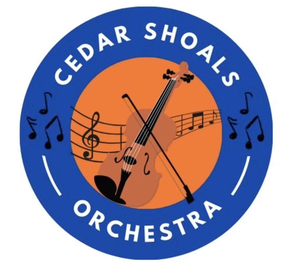 Circular logo with blue outer border and orange inner circle, featuring a violin and a cello crossed in the center, surrounded by musical notes, with the text 'CEDAR SHOALS ORCHESTRA' around the top and bottom.