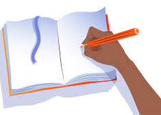 A hand writing in an open notebook with a pen.