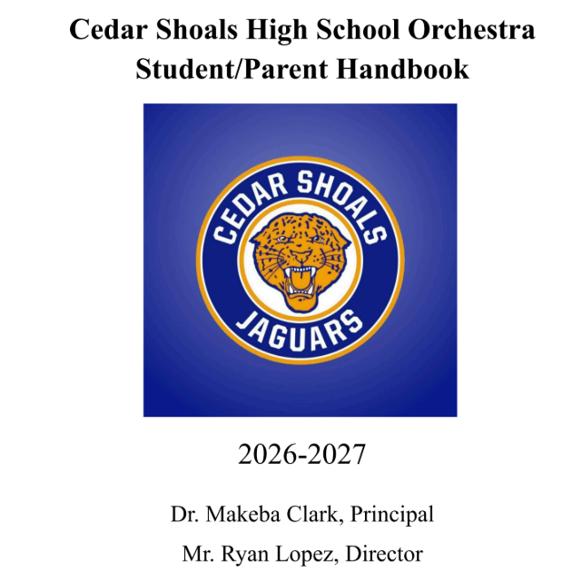 Cover page of the Cedar Shoals High School Orchestra Student/Parent Handbook for the 2026-2027 school year, featuring the school's jaguar mascot logo.