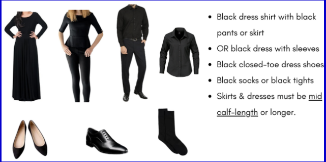 Clothing options for a formal dress code, including a black dress shirt with black pants or a skirt, black closed-toe dress shoes, black socks or tights, and skirt or dress must be mid-calf length or longer.