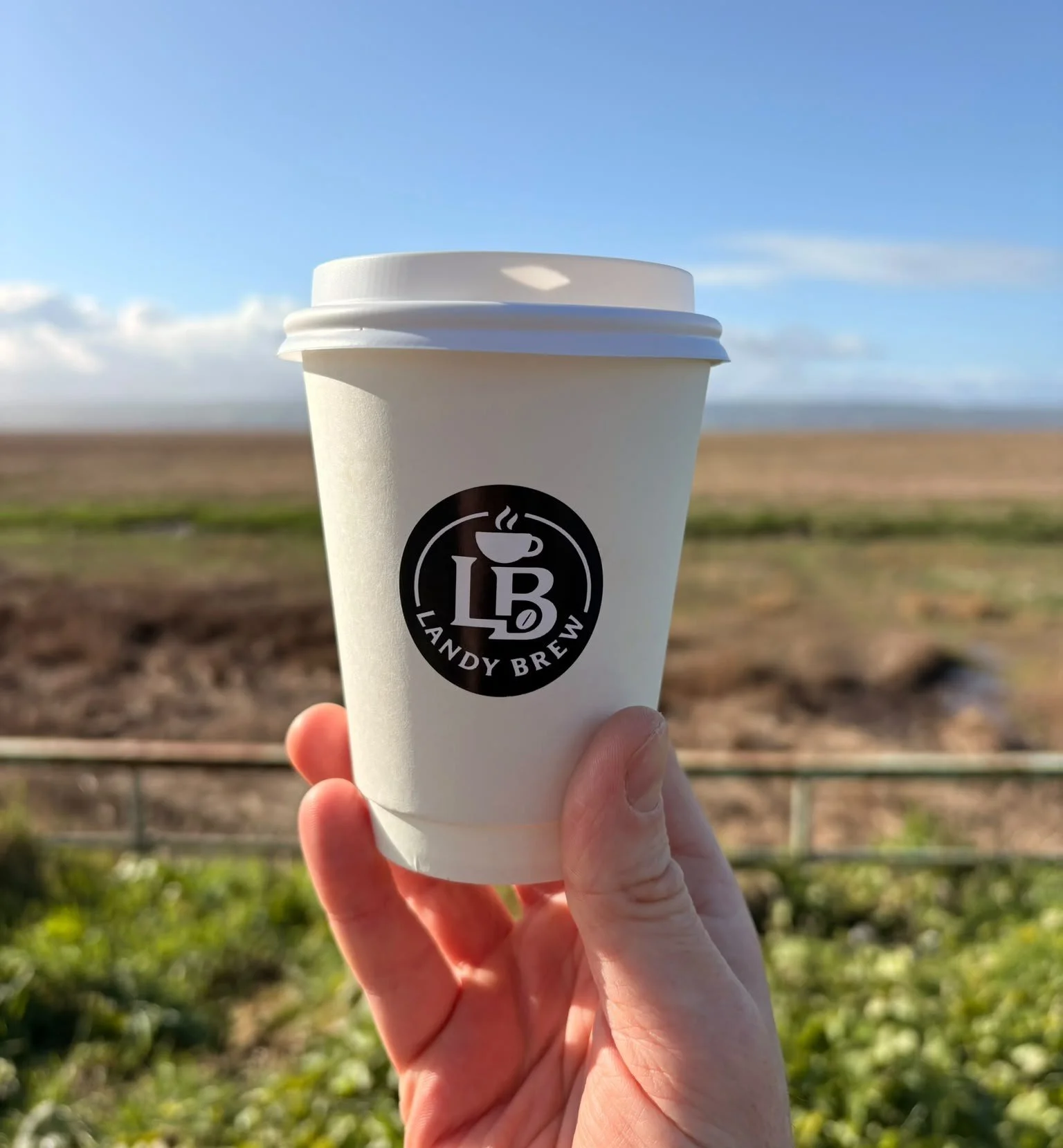 Hand holding a white coffee cup with the logo 'Landy Brew' against a background of a blue sky and distant landscape.