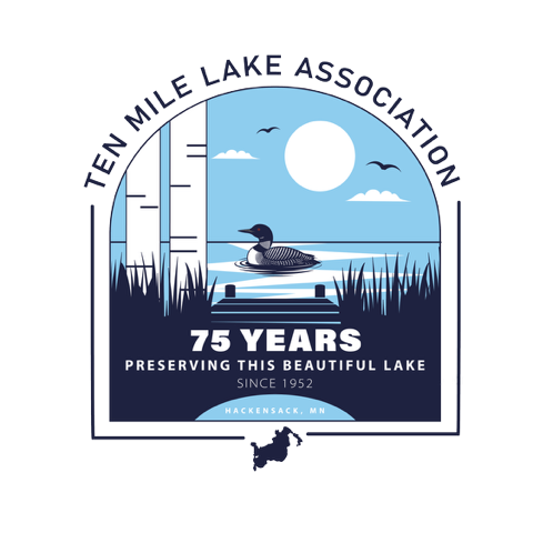 Logo for Ten Mile Lake Association celebrating 75 years, featuring a loon on a lake under a full moon, with a pier and reeds, and text indicating preservation of the lake since 1952 in Hackensack, Minnesota.