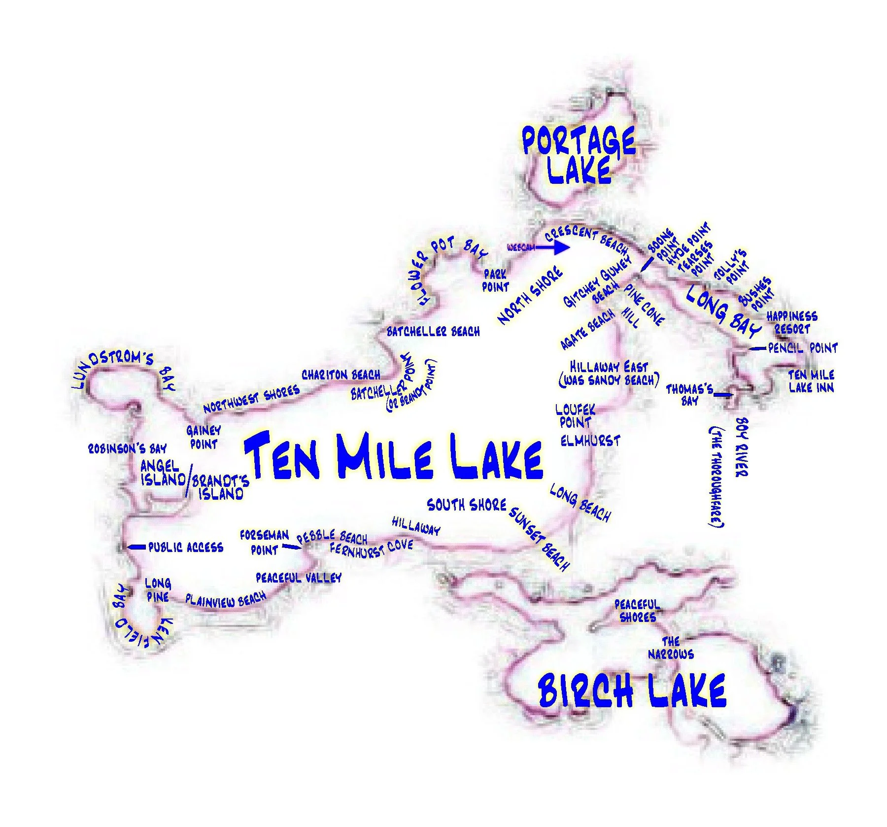 Map of the Ten Mile Lake area showing landmarks such as Birch Lake, Long Bay, and Birch Lake, with various beaches, points, and access points labeled in blue text.