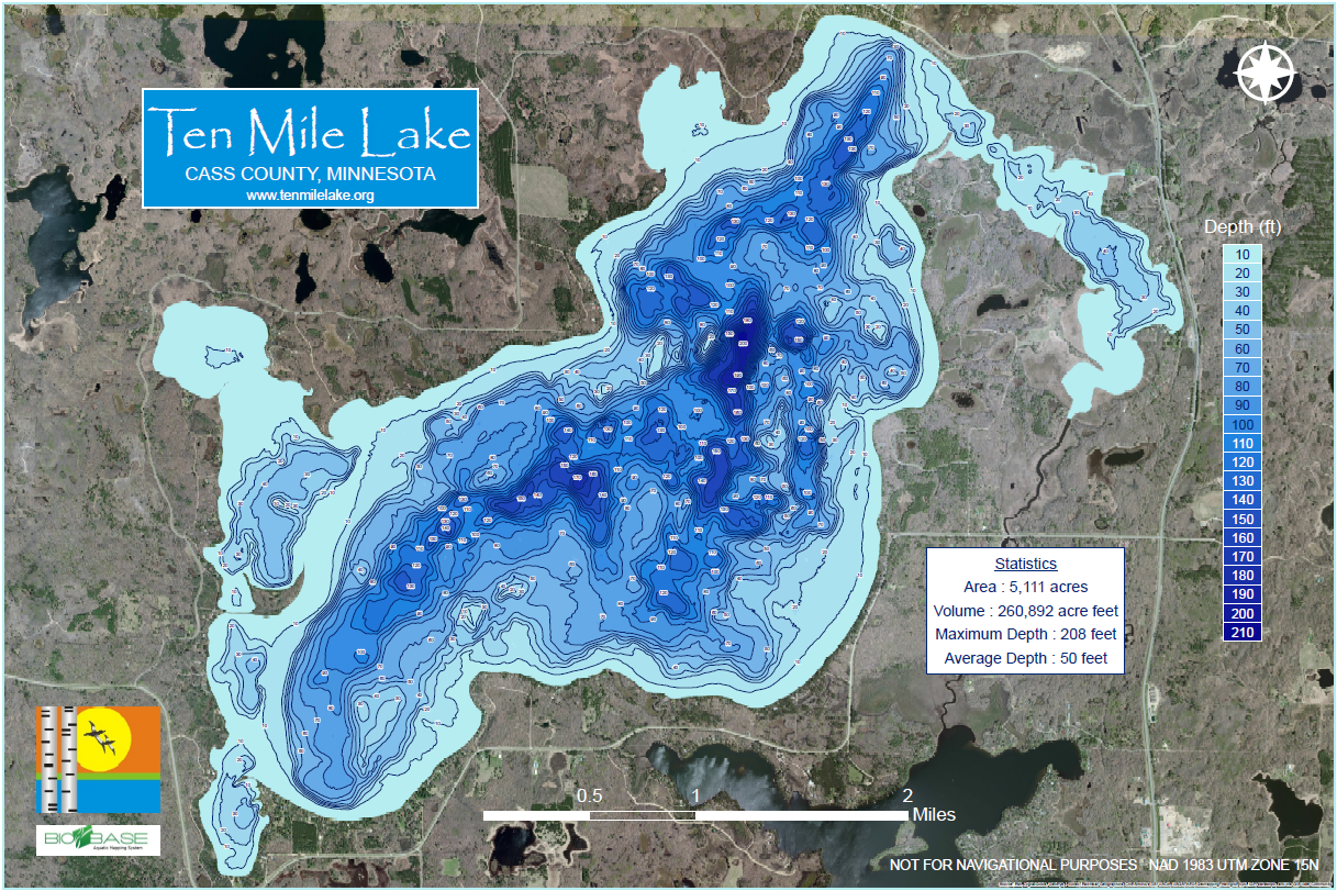 Map of Ten Mile Lake in Cass County, Minnesota, showing depth contours with a legend indicating depths from 10 to 210 feet, and statistics including area, volume, maximum, and average depths.
