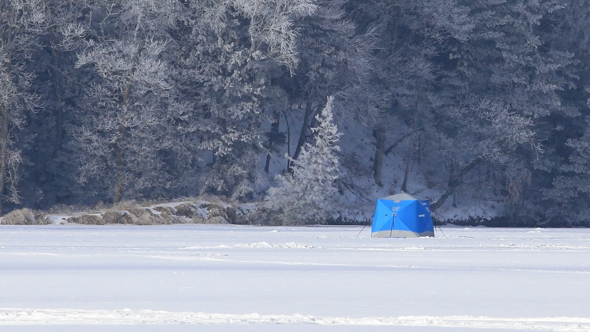 A snowy landscape with a blue tent set up near a frozen lake, surrounded by snow-covered trees.
