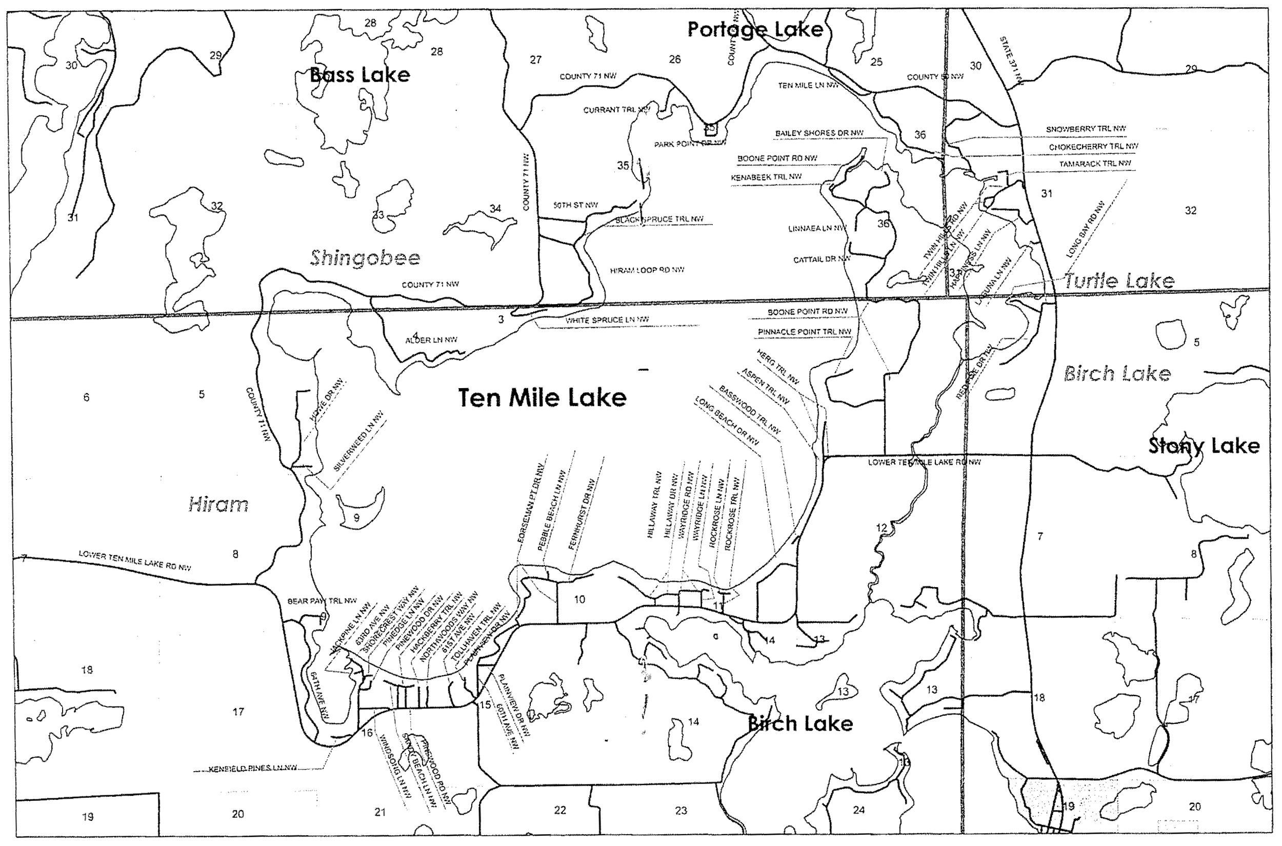 Map of lakes including Shingobee, Ten Mile Lake, Turtle Lake, Birch Lake, and Story Lake, with labeled roads and surrounding areas.