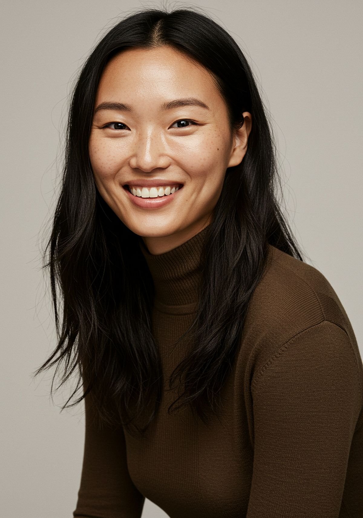 Portrait of a smiling Asian woman with long dark hair, wearing a brown turtleneck sweater, against a plain background.