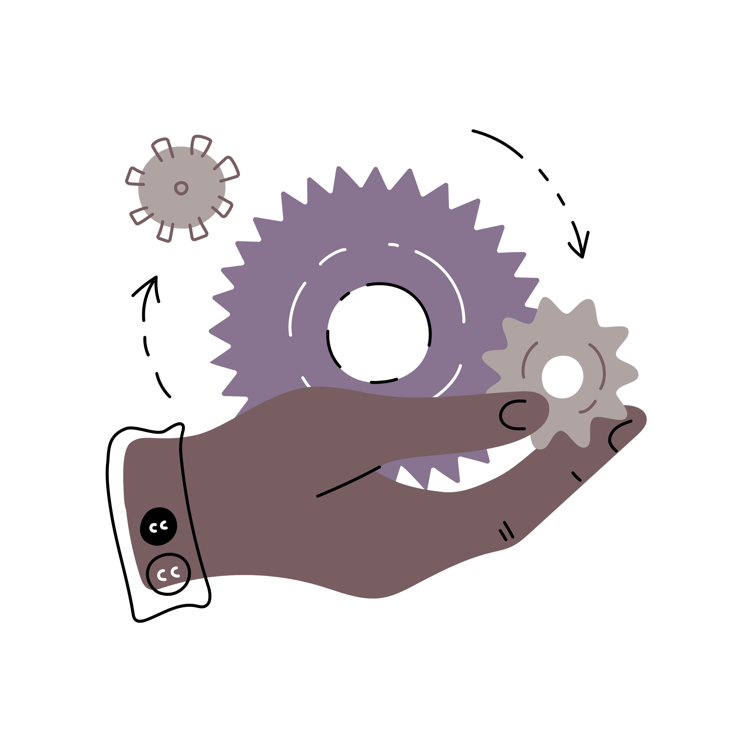 An illustration of a purple hand, holding a lilac colored gear, surrounded by smaller gears and cogs