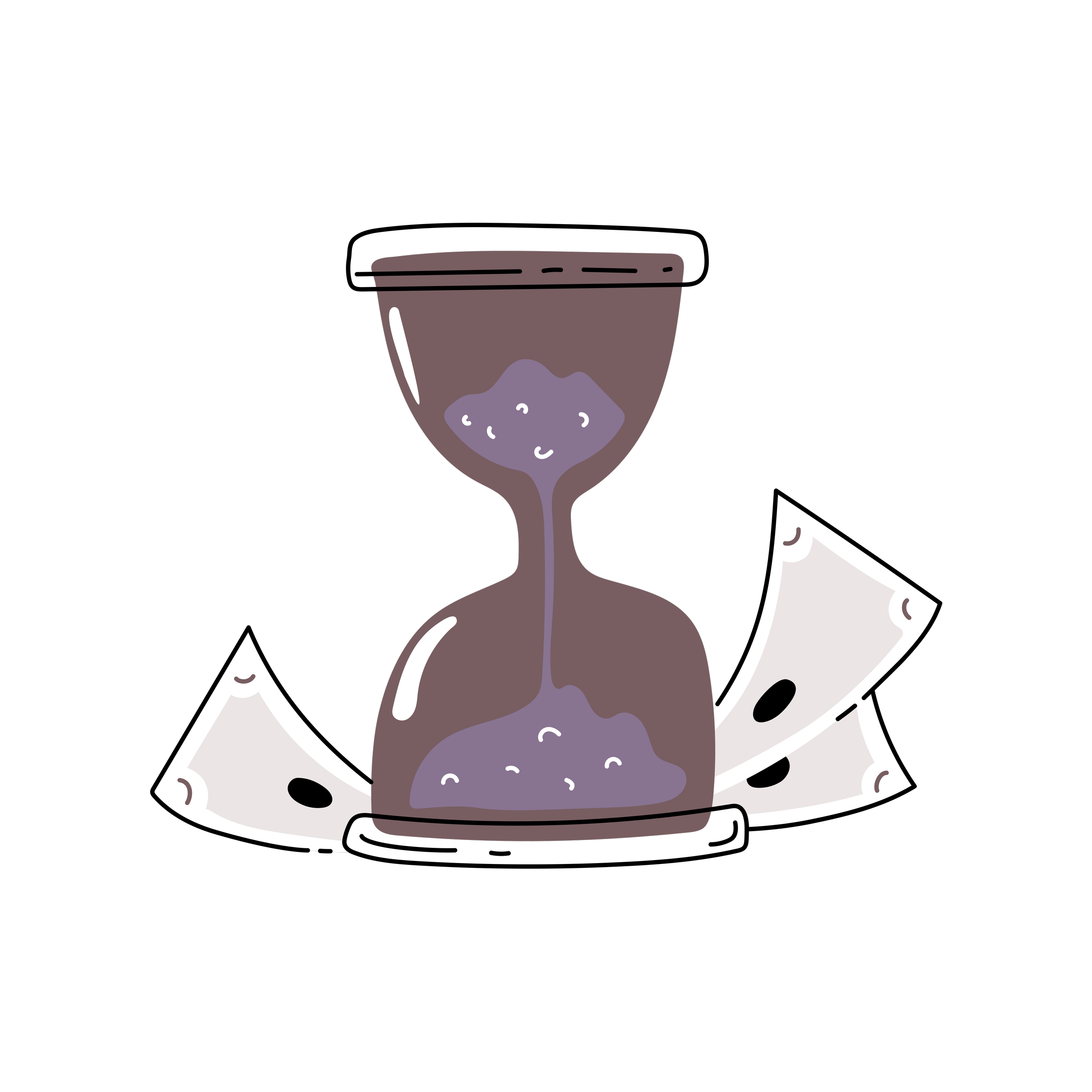 An illustration of a purple hour glass sits atop a small stack of documents.