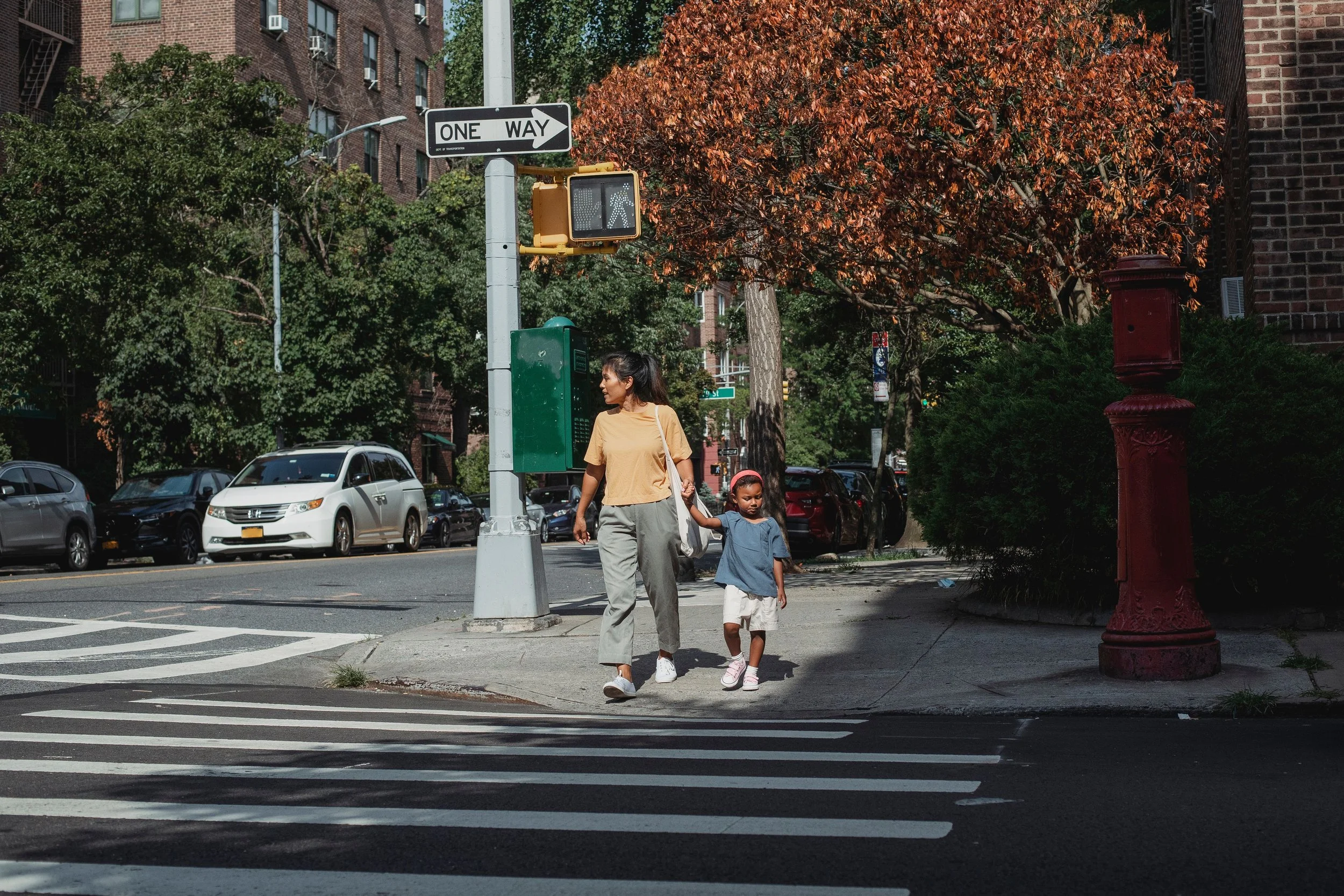 An Asian middle-aged woman and a young Black girl crossing a street at a crosswalk in an urban area with parked cars, tall brick buildings, and trees with autumn leaves, a pedestrian crossing signal shows the walking figure.