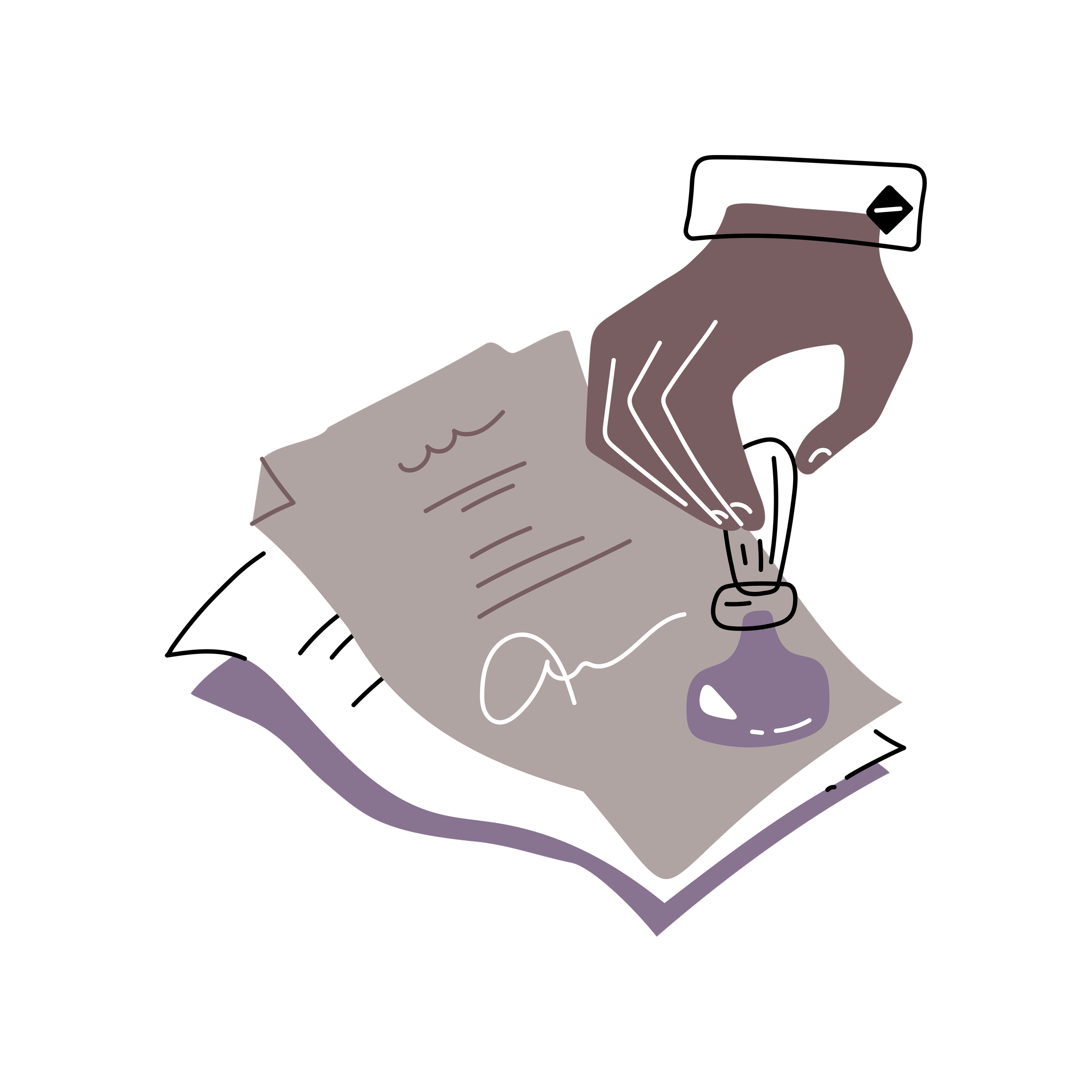 An illustration of a purple hand holding a pen, writing on a piece of paper with some sketches and notes.