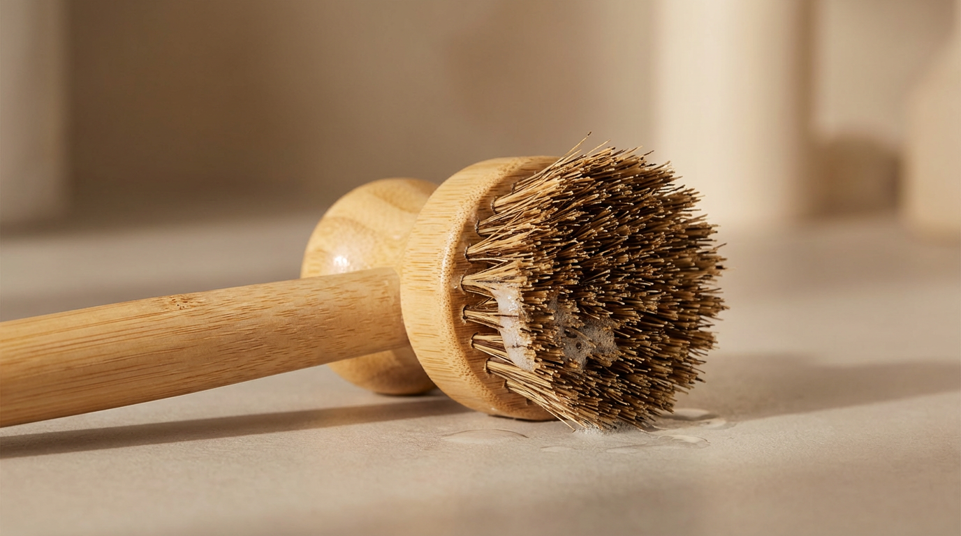 A wooden cleaning brush with a round handle and bristles, lying on a light-colored surface.