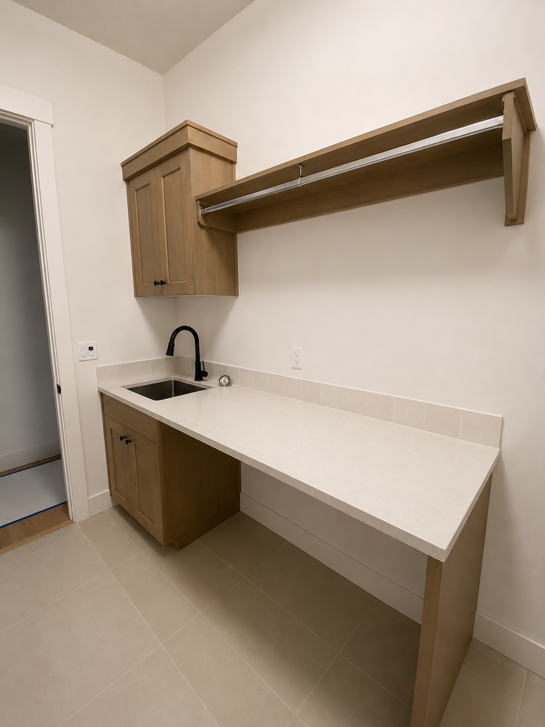 Empty laundry room with wooden cabinets, a black faucet over a small sink, a long white countertop, and an open wall shelf.