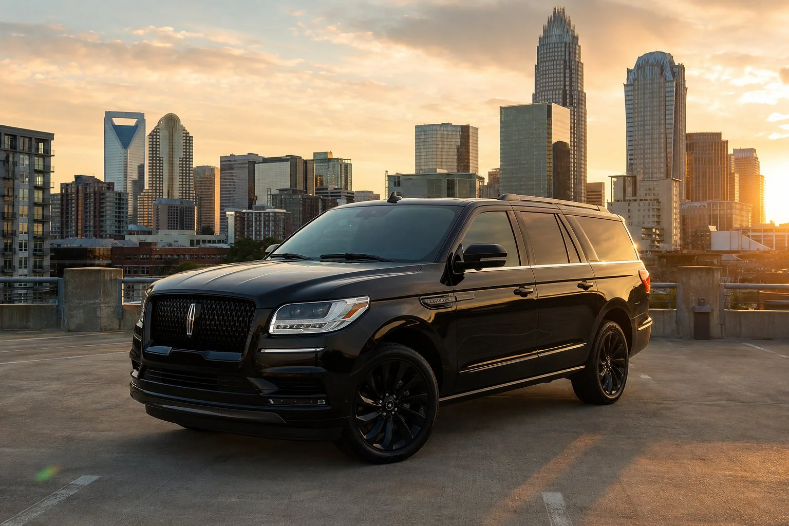 Black luxury SUV parked in an urban parking lot during sunset with a city skyline in the background.