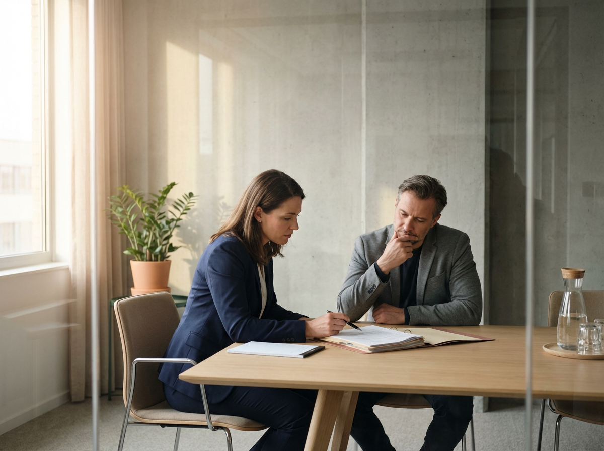 Two professionals, a woman and a man, sit at a table engaged in a serious discussion or review of documents in a modern office.