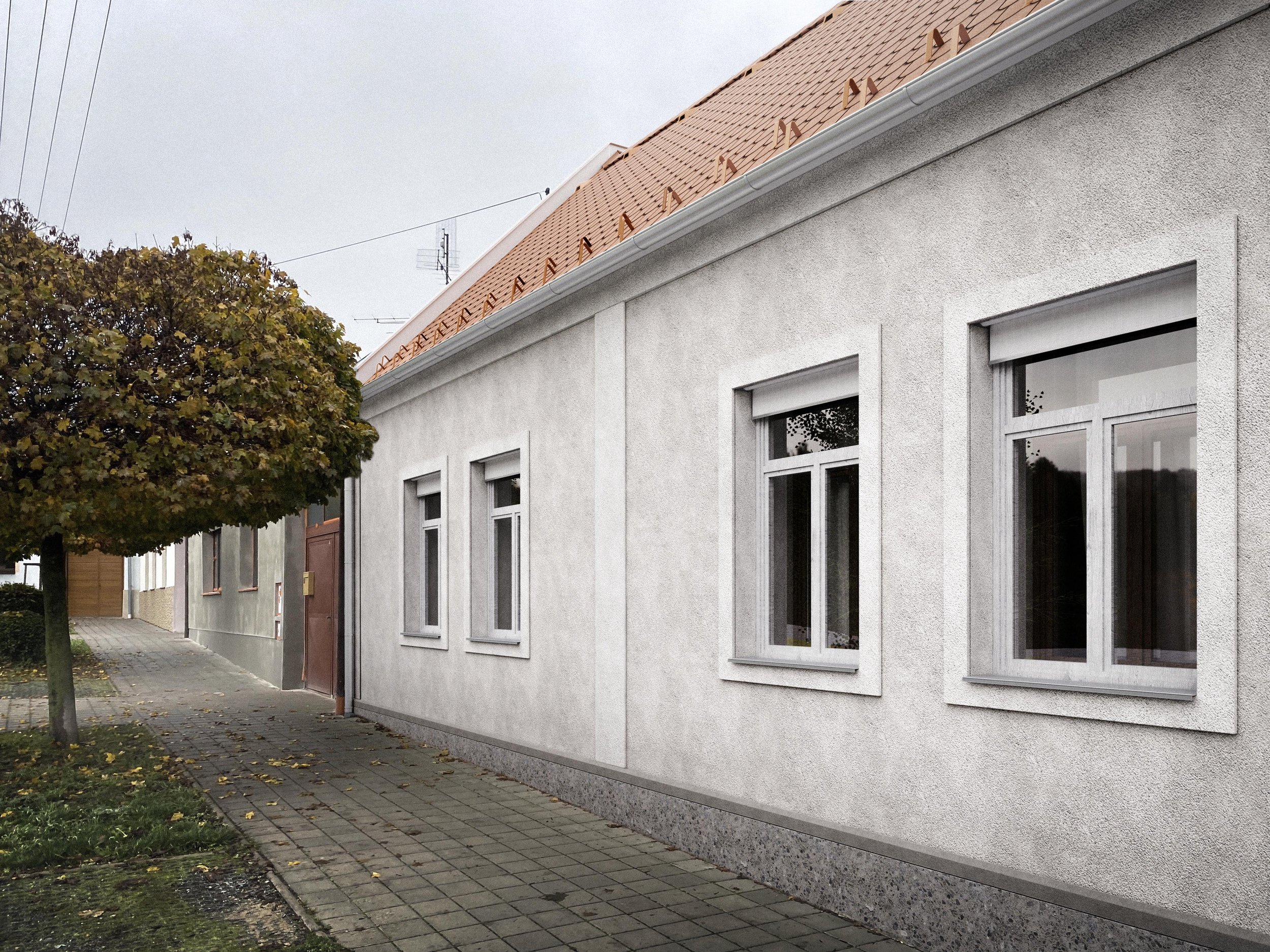 A white residential building with three large rectangular windows and a red tile roof. A tree with green and brown leaves is in the foreground, and electrical wires are in the sky.