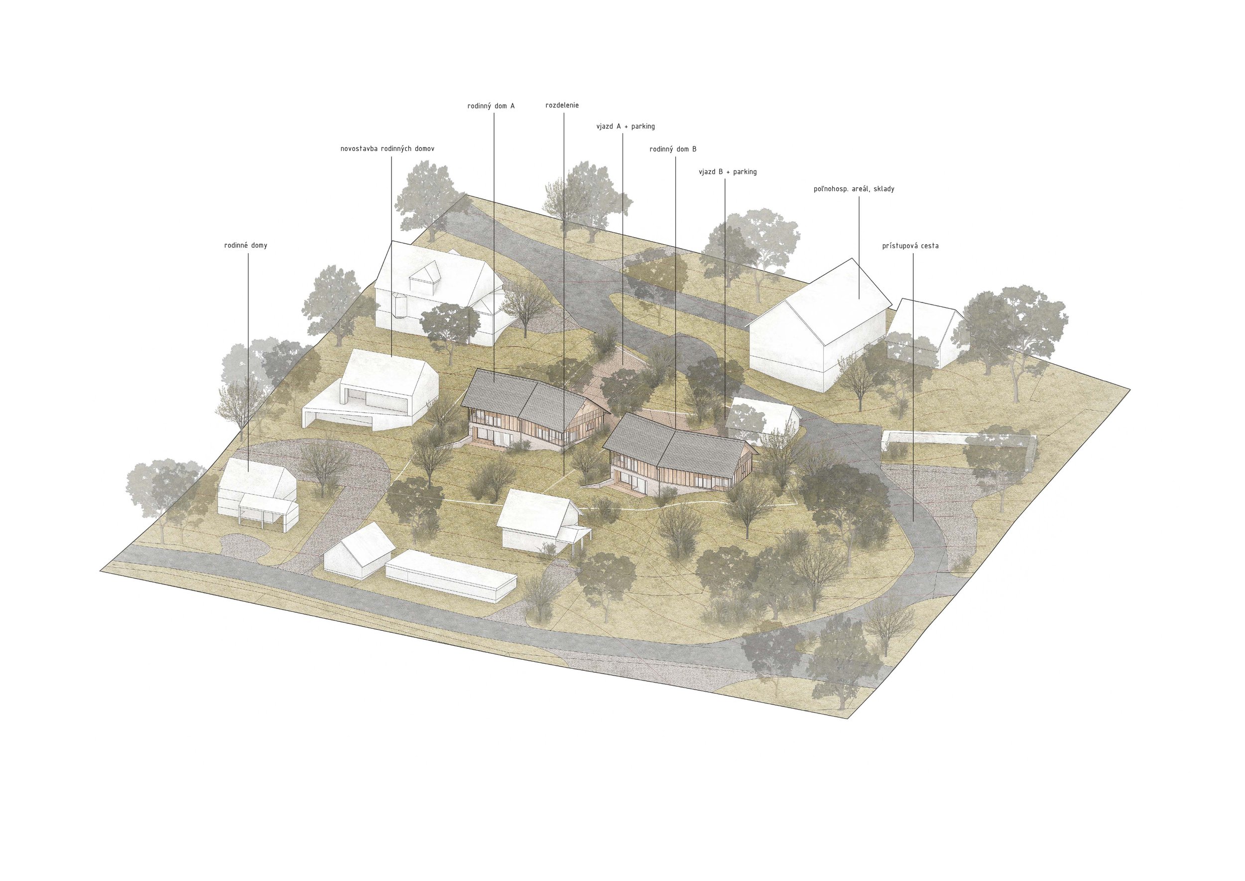 A detailed architectural site plan of a residential development, showing various houses, roads, trees, and labels in a technical drawing style.