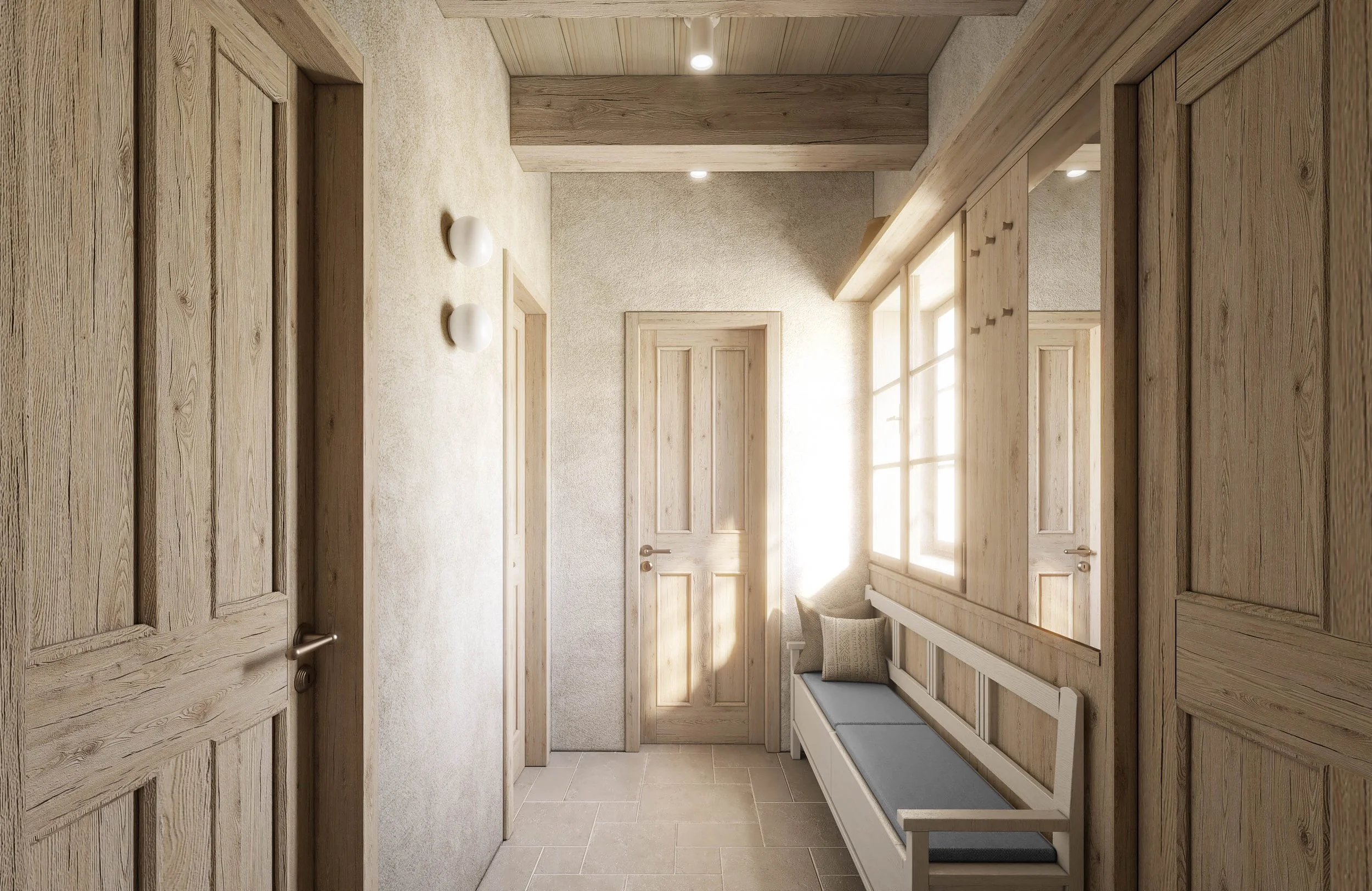 A cozy wooden mudroom with paneling, a bench with gray cushions, and sunlight streaming through large windows.