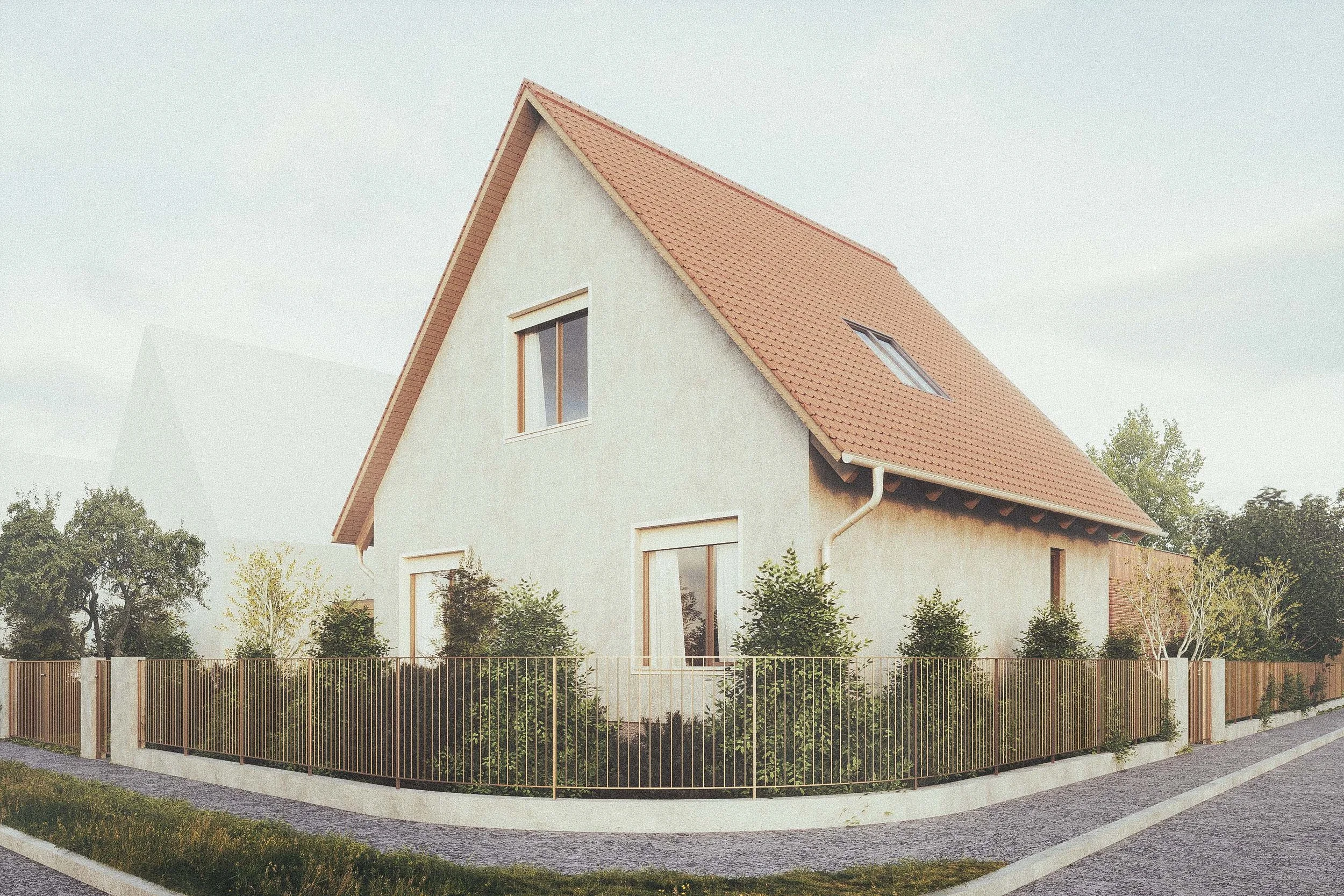 A house with a steeply pitched roof covered with red tiles, white exterior walls, and rectangular windows, surrounded by a garden with bushes and a decorative metal fence.