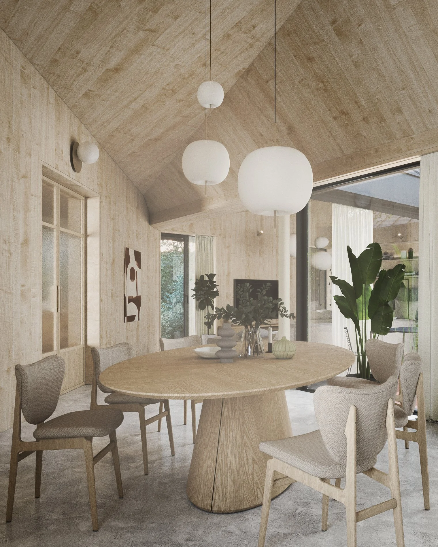 Modern dining room with wooden vaulted ceiling, hanging orb pendant lights, a round wooden table, and chairs with fabric and wooden frames, with a large window and indoor plants.