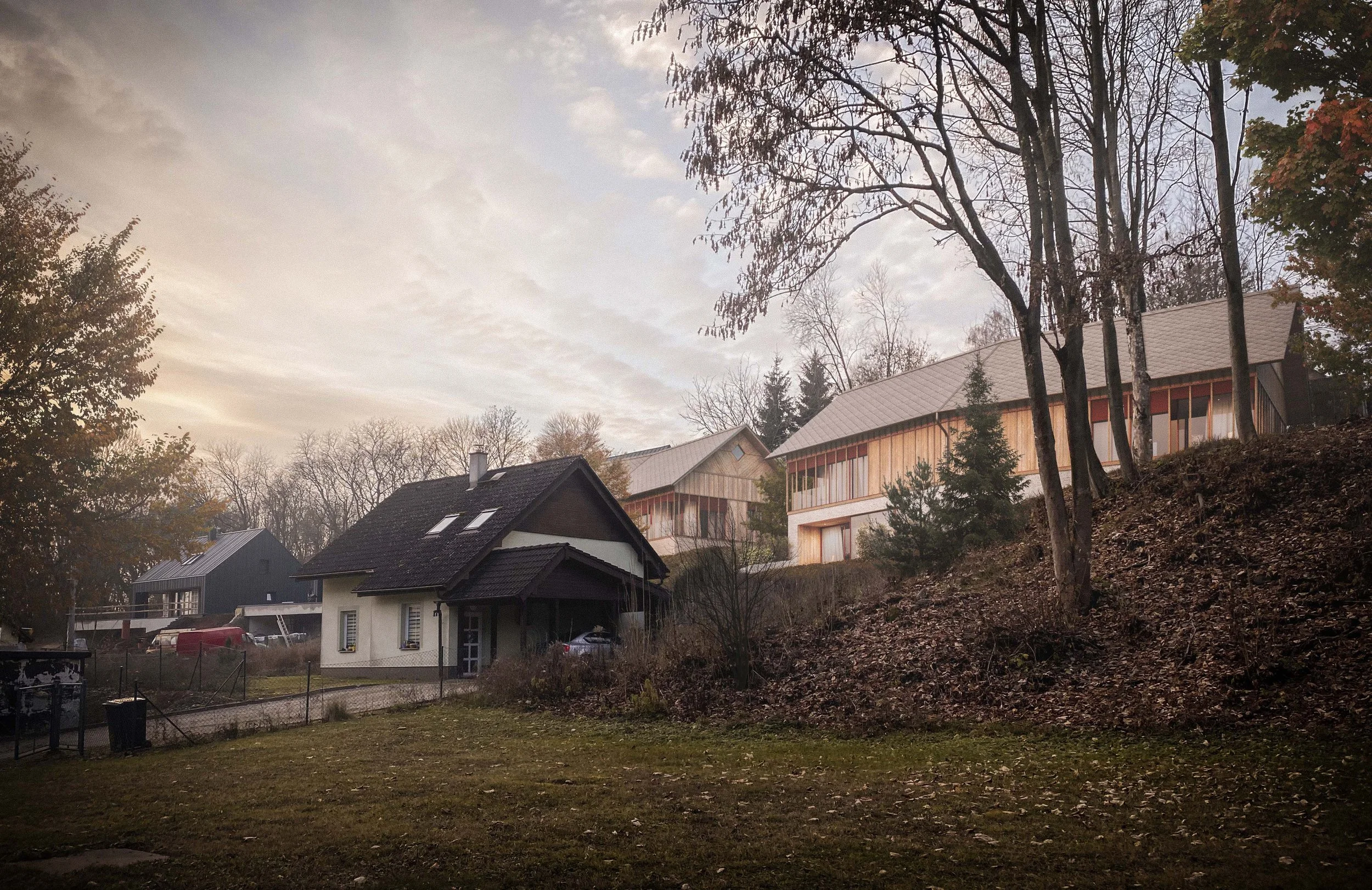 Residential neighborhood with several houses on a hill, trees with sparse leaves, cloudy sky, and a backyard with a grassy area and scattered leaves.