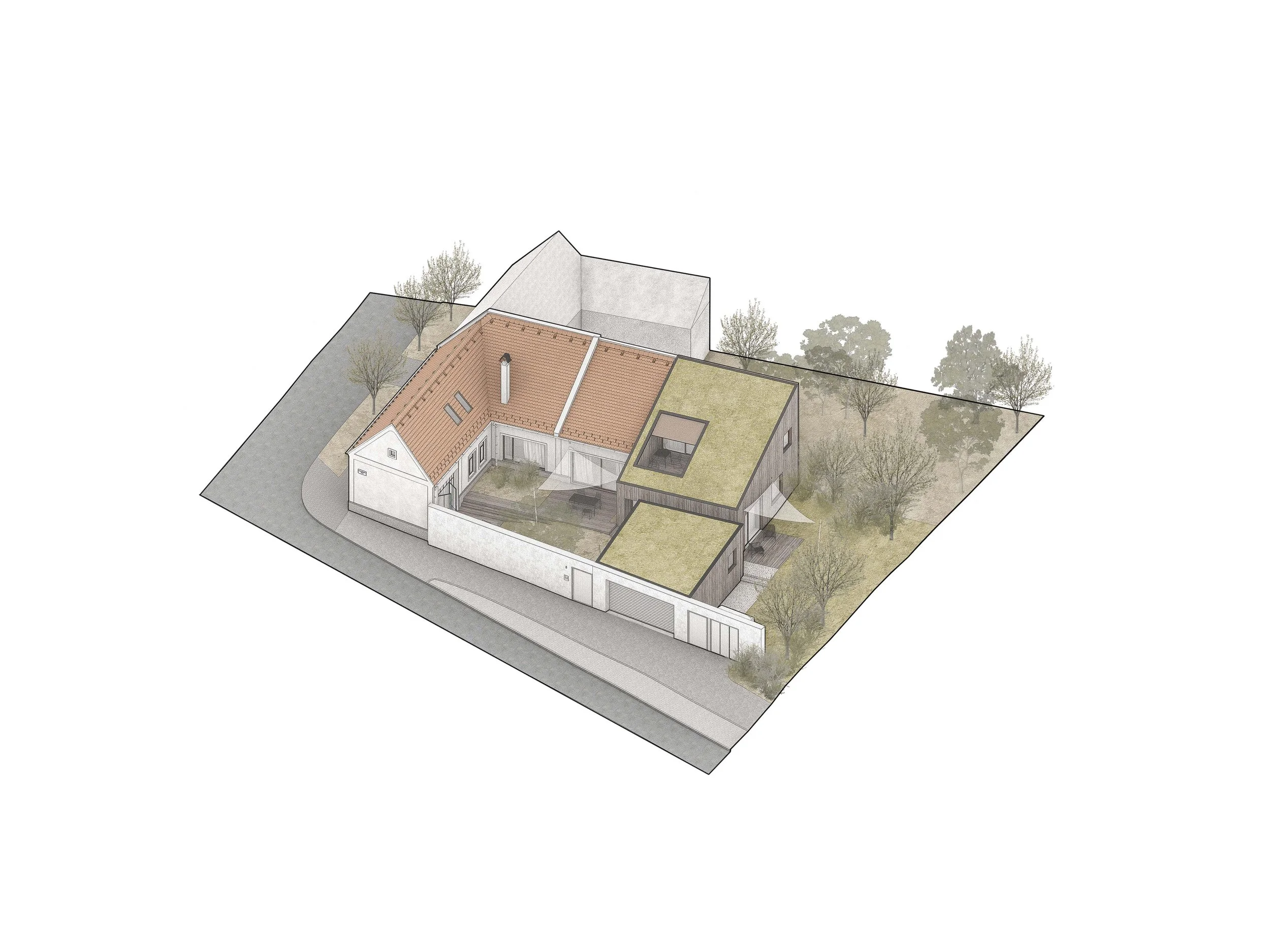 3D rendering of a modern residential house with a courtyard, surrounded by trees, on a corner lot.