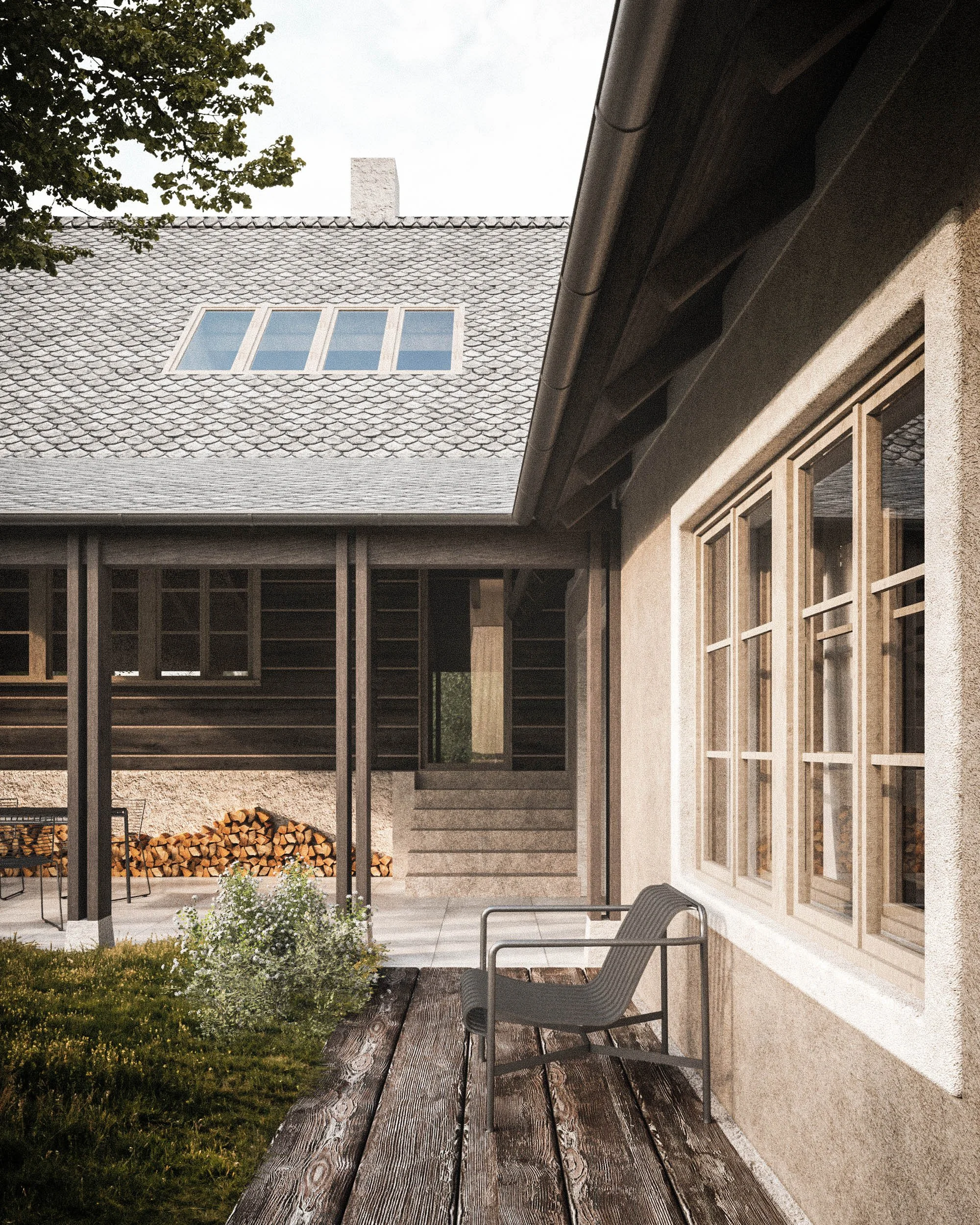 Backyard patio area with a wooden deck, a metal chair, a small green shrub, a firewood stack against the house wall, and a large window with multiple panes; part of a house with beige exterior wall and dark roof trim; a tree with green leaves visible at the top left.