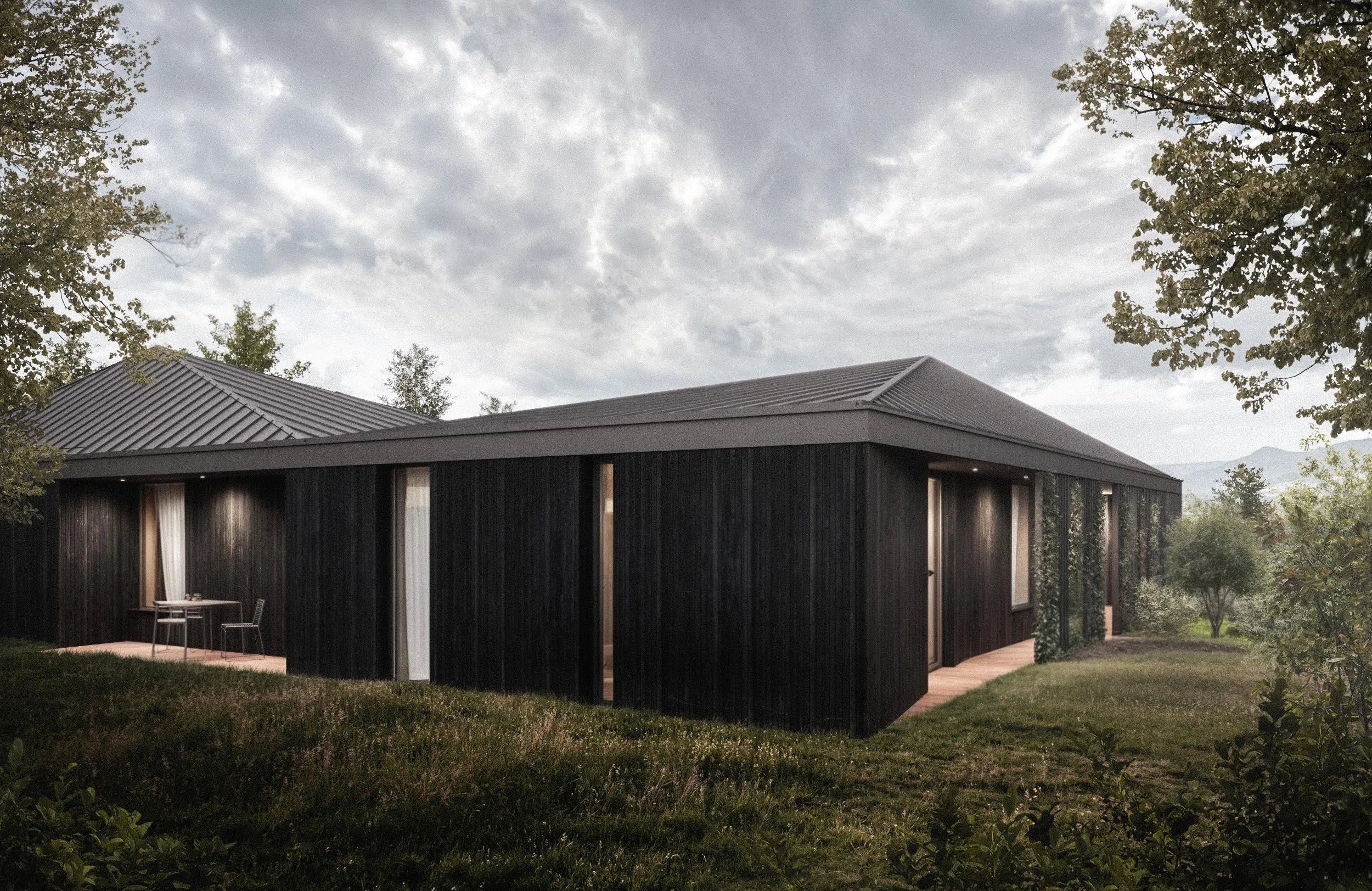 A modern dark wooden house with a slanted metal roof, surrounded by trees and grass, under a cloudy sky.