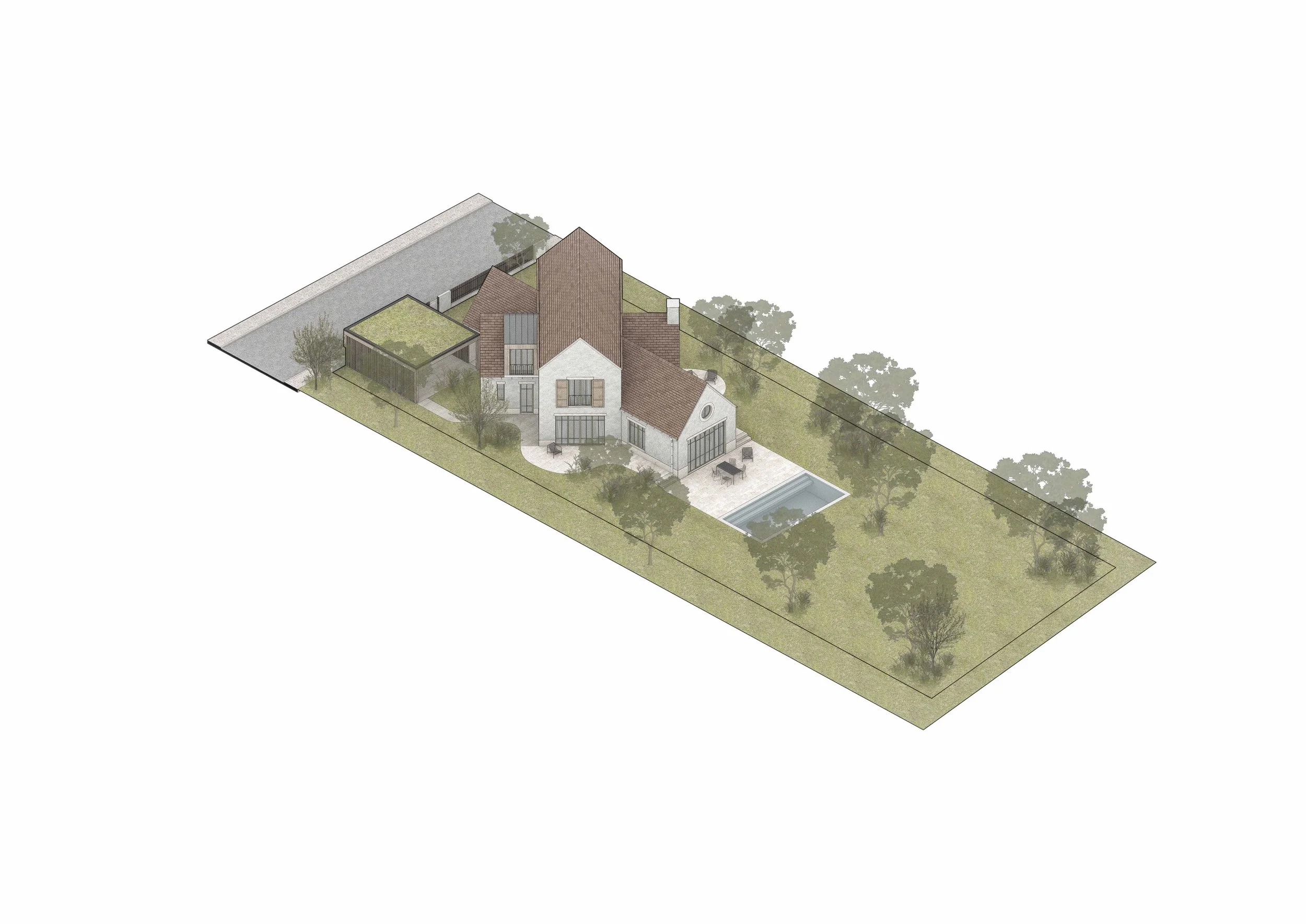 3D architectural rendering of a modern house with a garden, pool, and outdoor seating area, surrounded by trees.